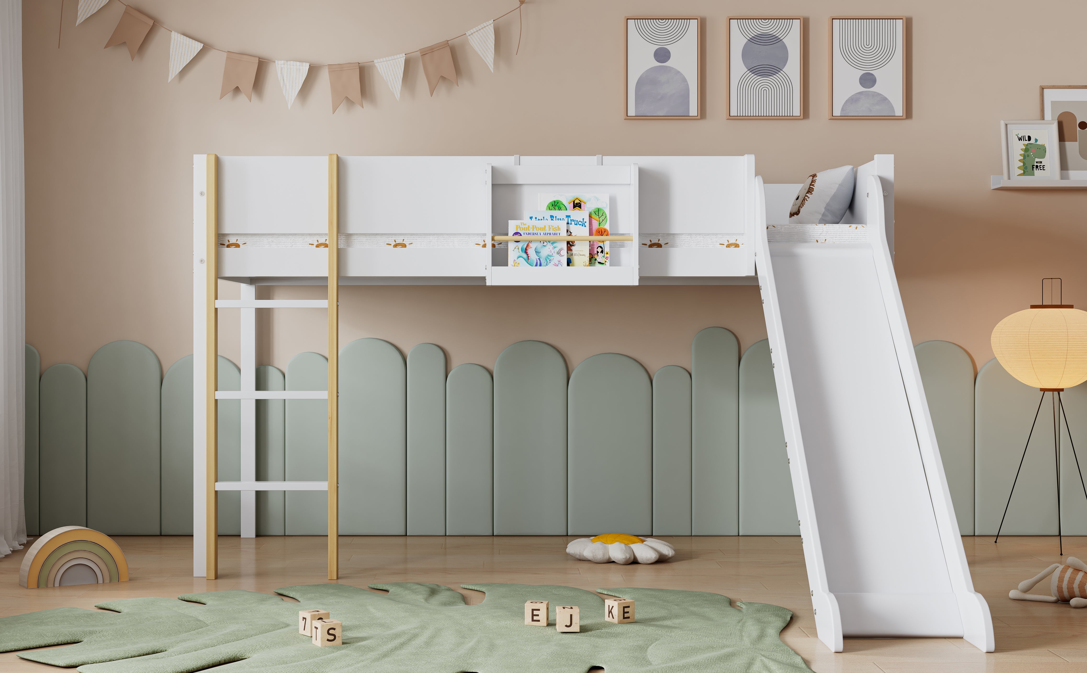Loft Bed, Bunk with Slide & Removable Shelf, Pine+MDF White+Natural