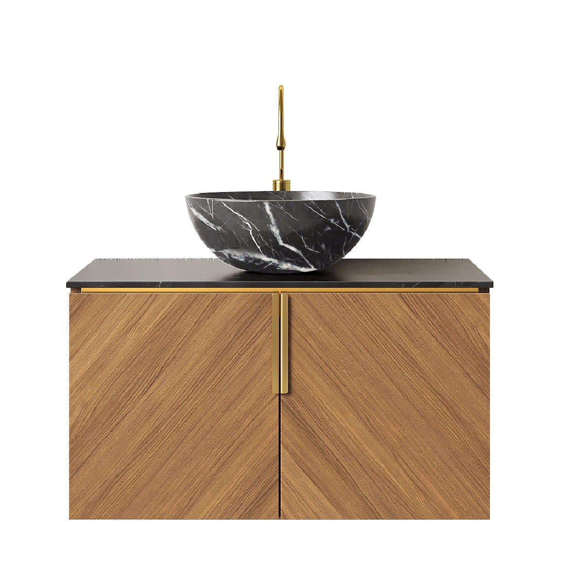 ARAI 76cm Wall Mount Bathroom Vanity with Black Bowl, Stone Pattern Ceramic Basin, Black Sintered Stone Countertop, Plywood Cabinet with 2 Doors, Espresso Wood Grain