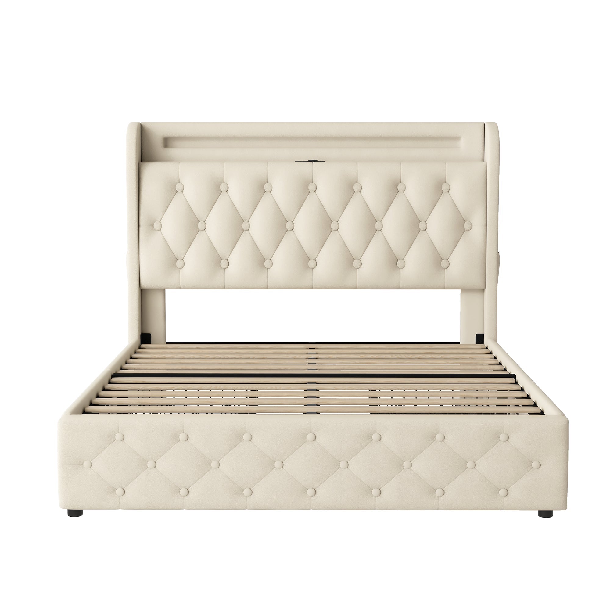 Upholstered Bed 140x190cm LED USB Headboard Storage 4 Drawers - Velvet