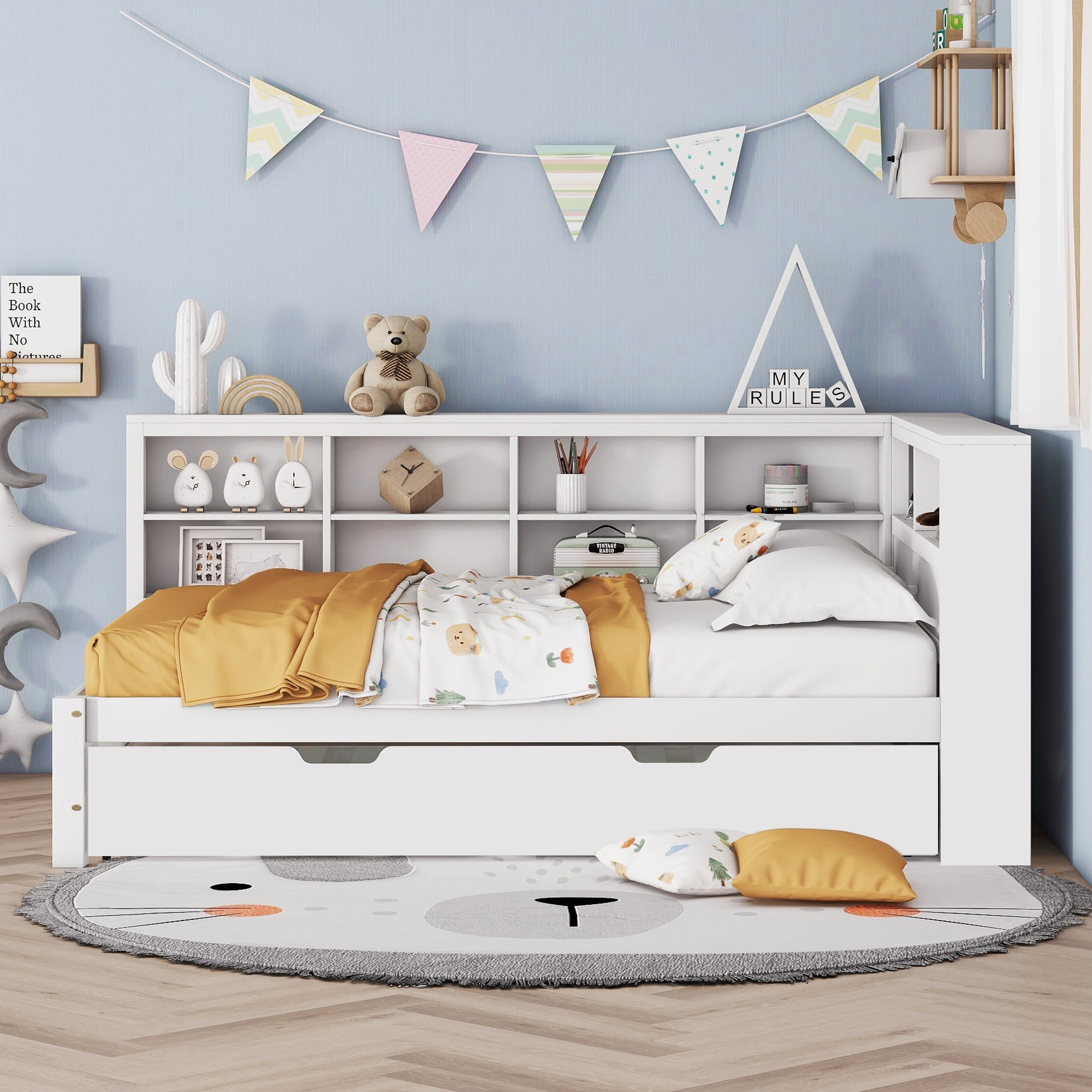 Sofa Bed with USB & Storage, Solid Wood, White