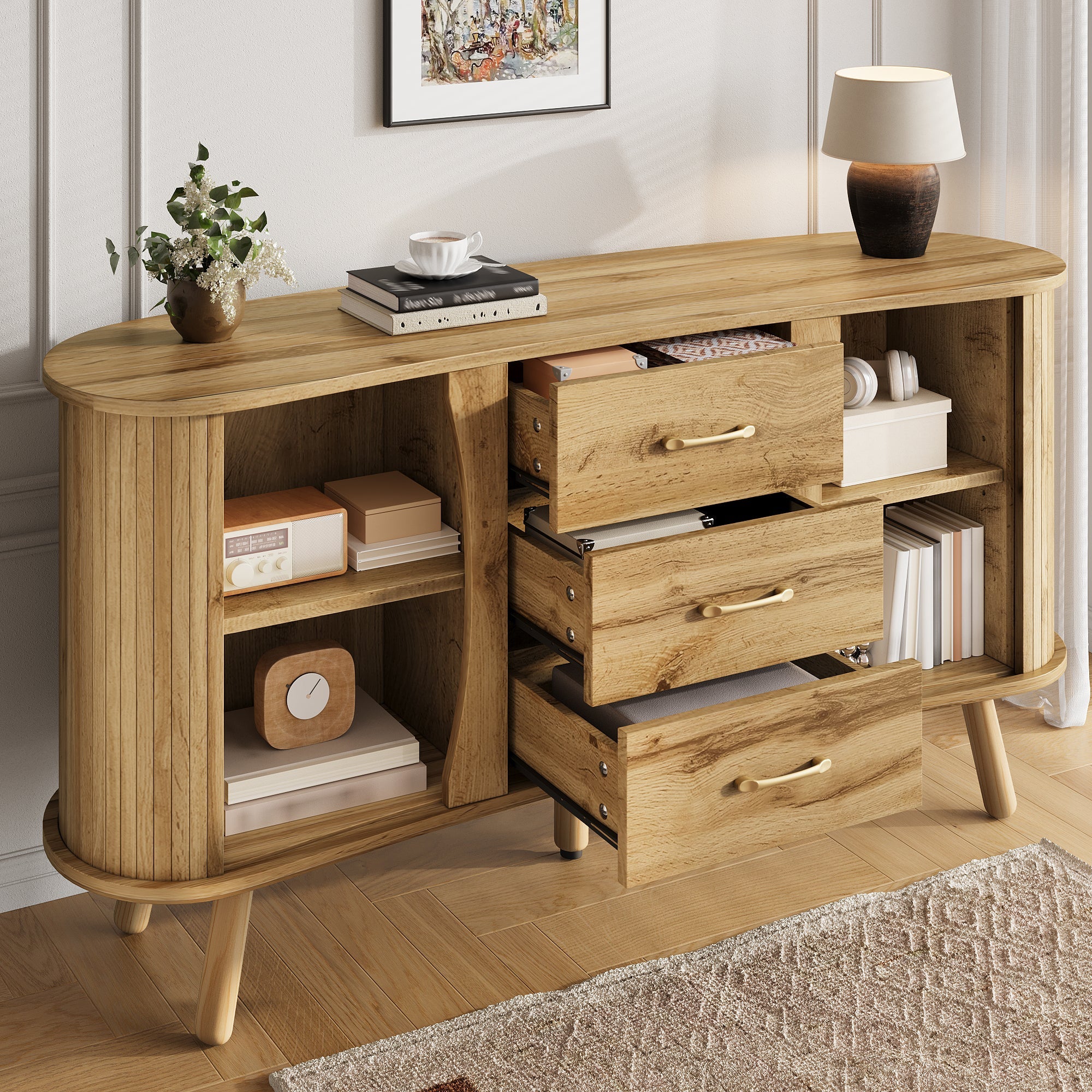 Scandinavian Pea-Shaped Sideboard with 2 Sliding Doors and 3 Drawers, Wood Look MDF