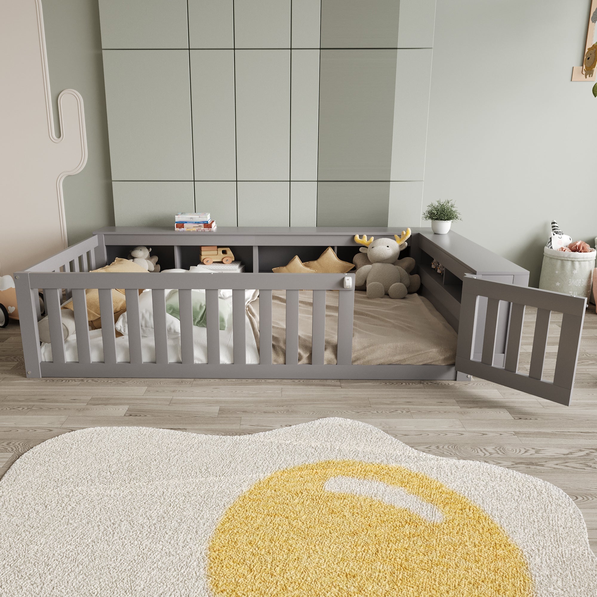Multifunctional Children's Bed with Storage, Safety Gate & Slatted Frame, Grey