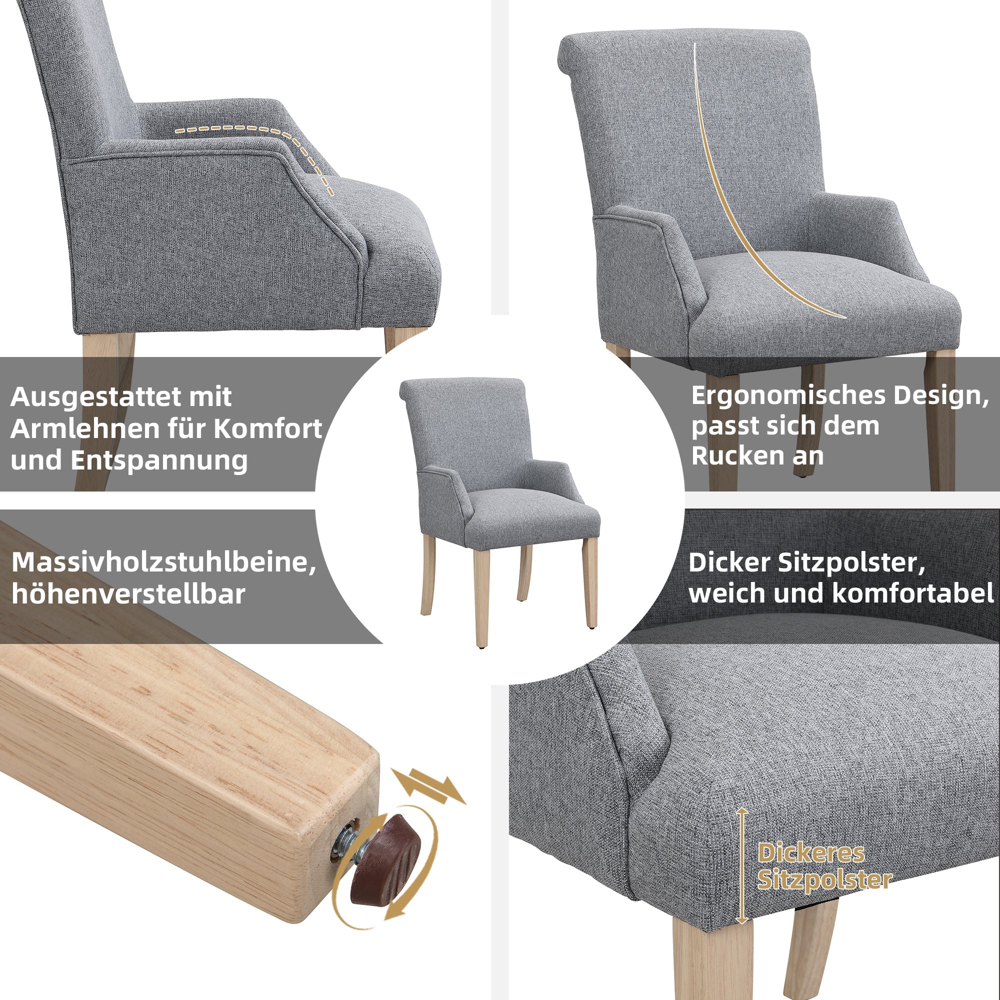 DyFun Dining Chairs Set of 2 with Armrests and Solid Wood Legs, Gray Linen