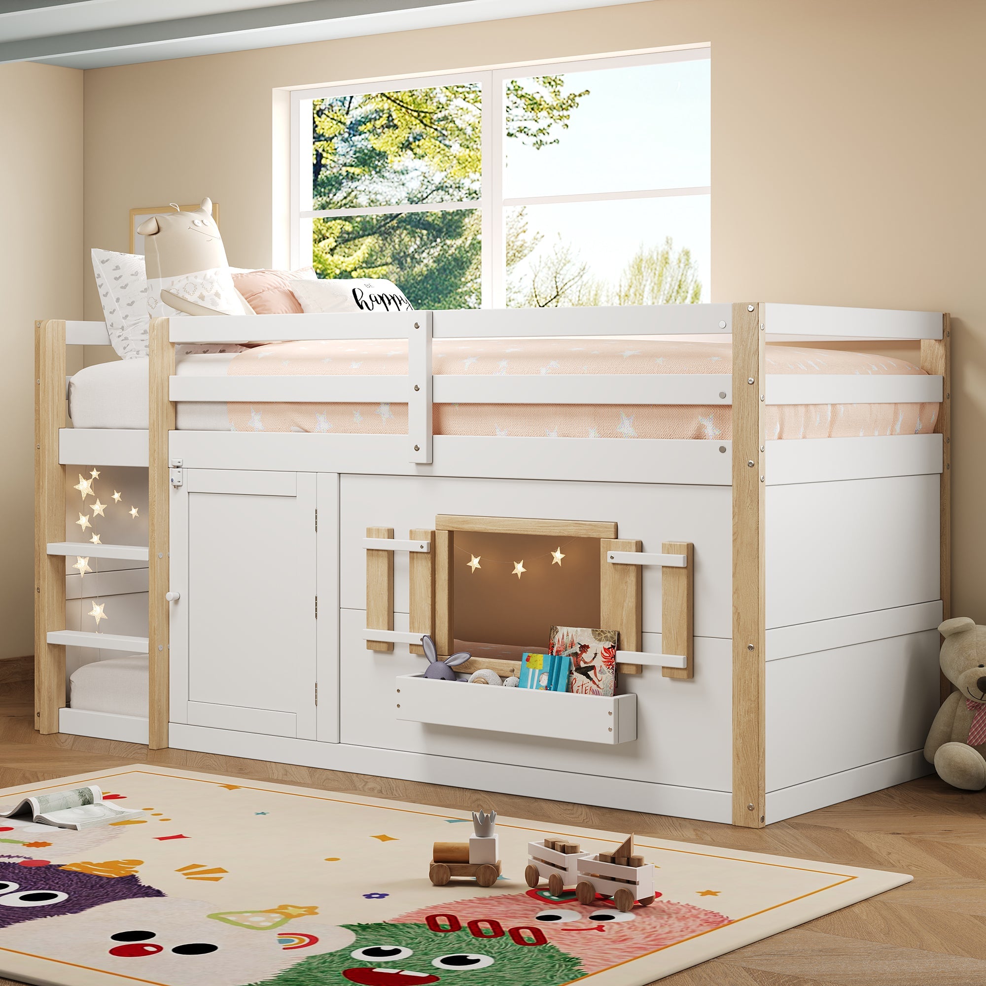 Children's Bunk/Loft Bed Multifunctional with Ladder & Play Area, White