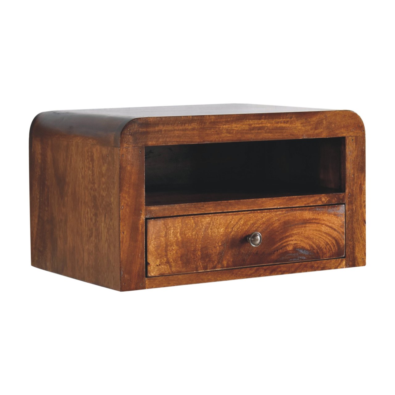 Solid Wood Nightstand, Chunky Wall Mounted 1 Drawer 1 Open-Shelf, Chestnut Brown