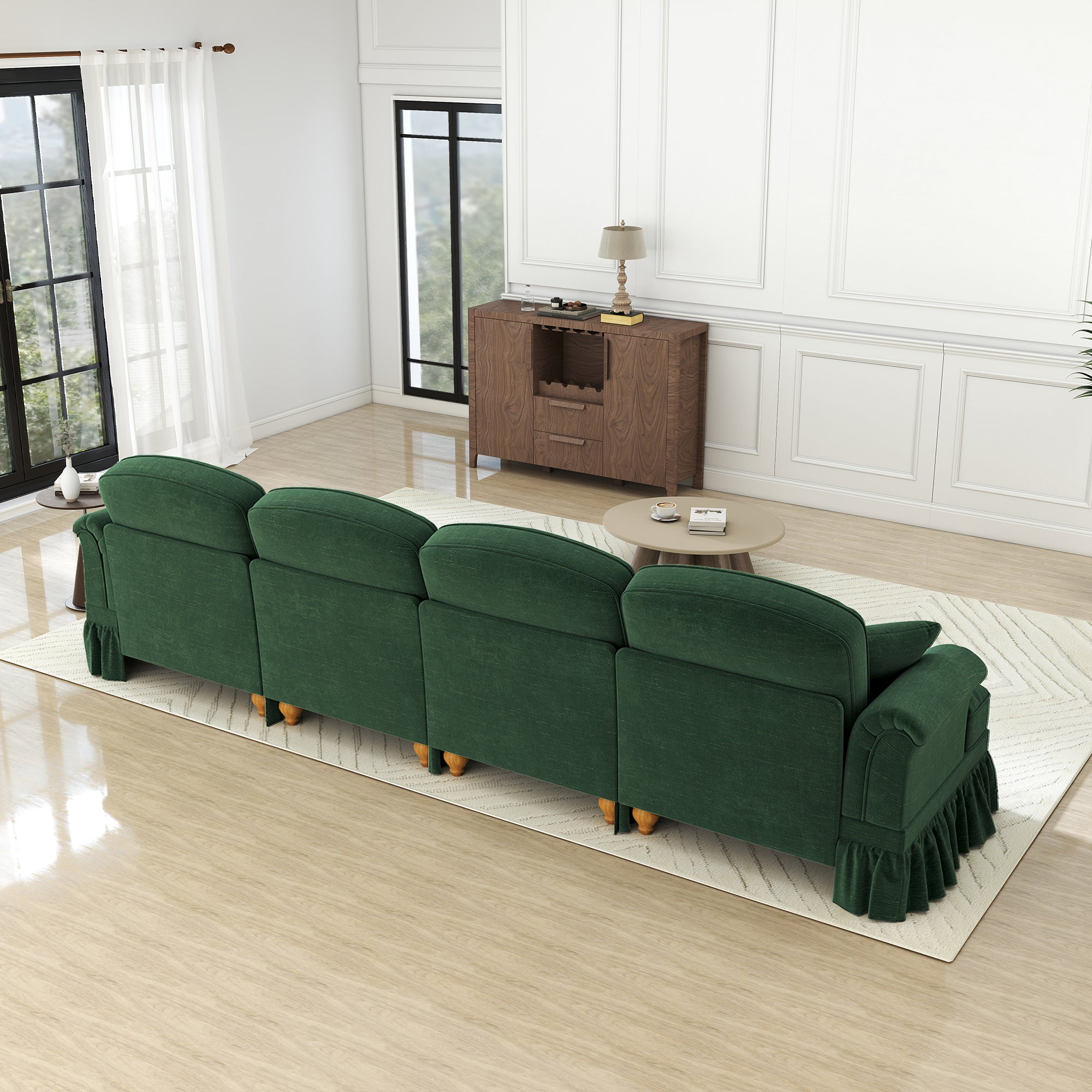 Sofa 4-Seater Mid-Century Chenille Ruffled Apron Spindle Legs - Green