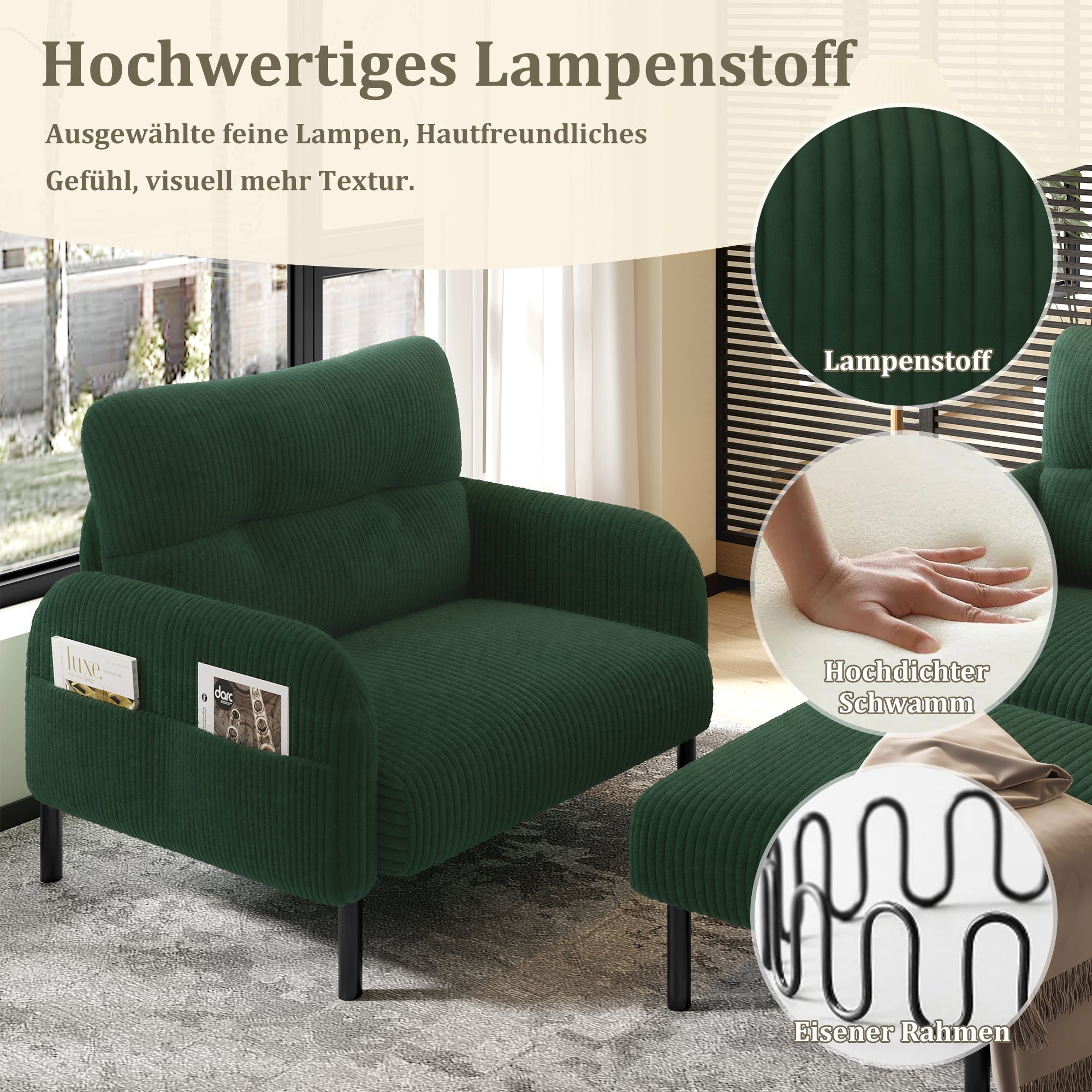 Cord Modular Sofa Set 3-Piece Armchair Footstool 2-Seater Side Pocket Emerald Green