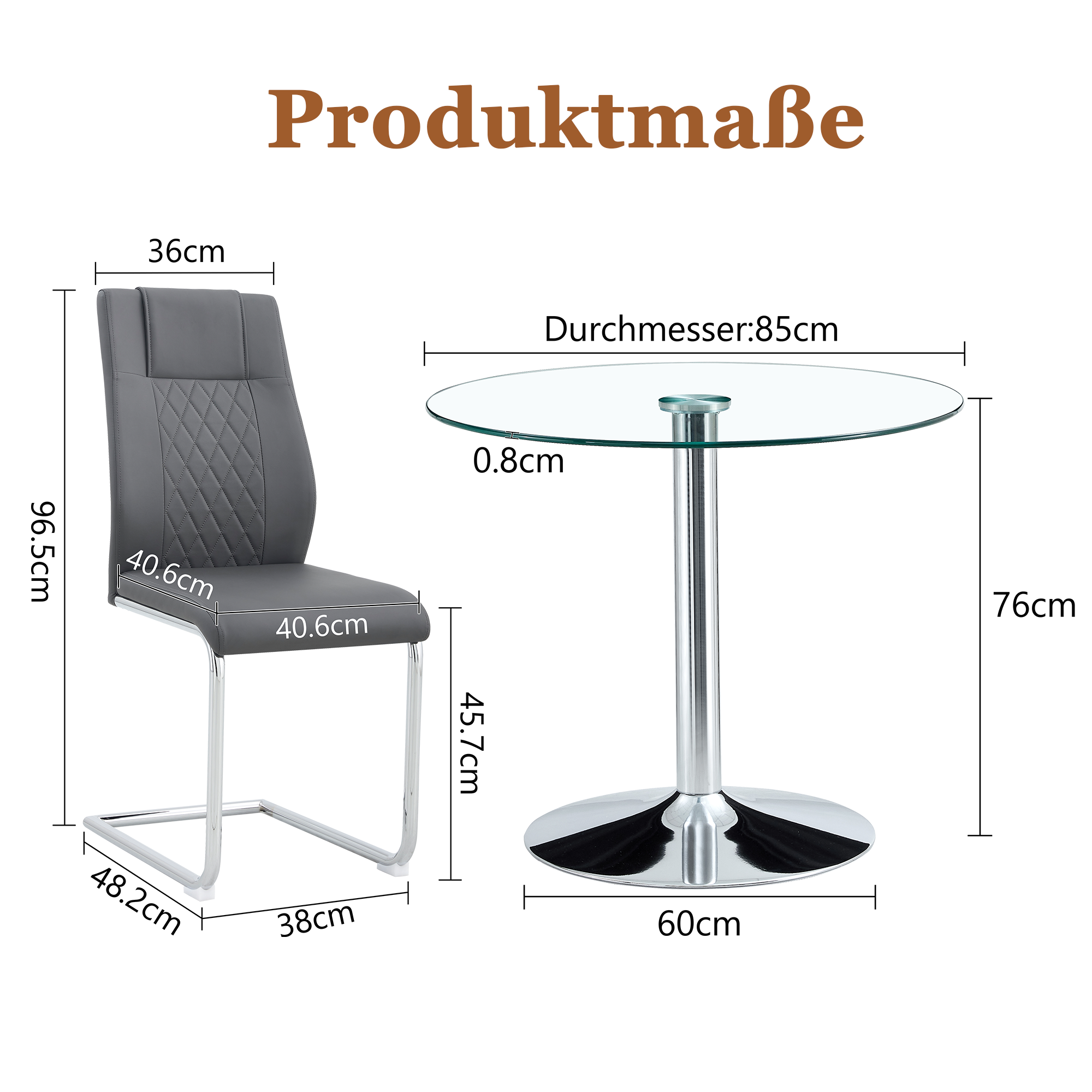 Dining Table Set Modern Minimalist 85cm Round Safety Glass with 4 Chairs Dark Grey PU and Silver Metal