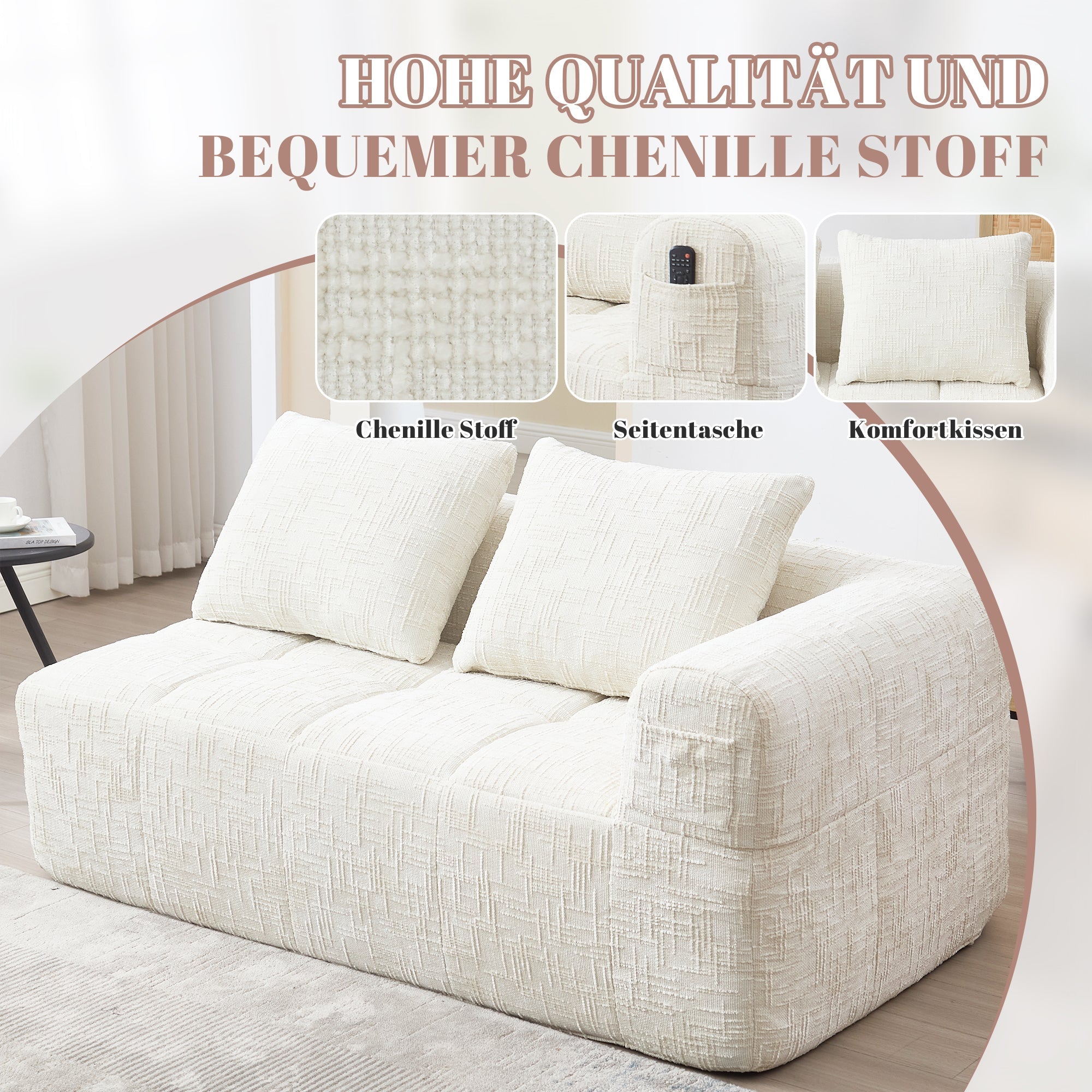 Sofa 2-Seater, Plush Cushion Side Pockets, Beige