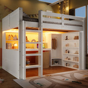 Loft Bed 140x200cm with LED Lights, Wardrobe, Desk, Drawers, Storage, White
