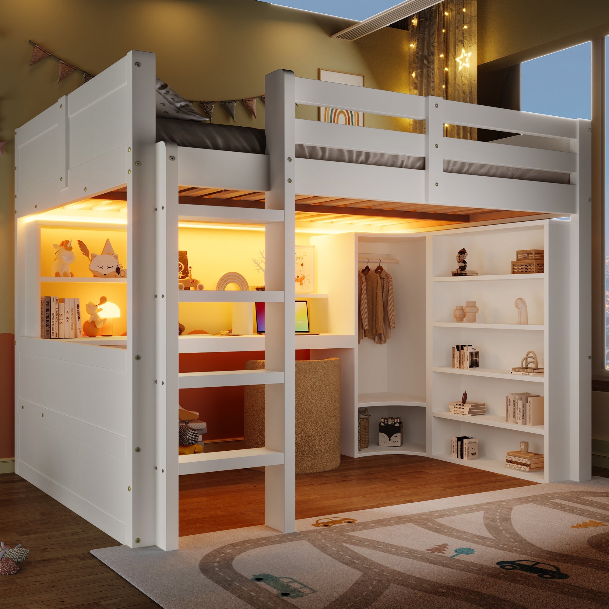 Loft Bed 140x200cm with LED Lights, Wardrobe, Desk, Drawers, Storage, White