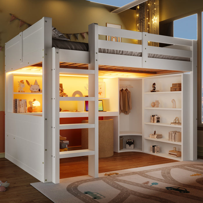Loft Bed 140x200cm with LED Lights, Wardrobe, Desk, Drawers, Storage, White