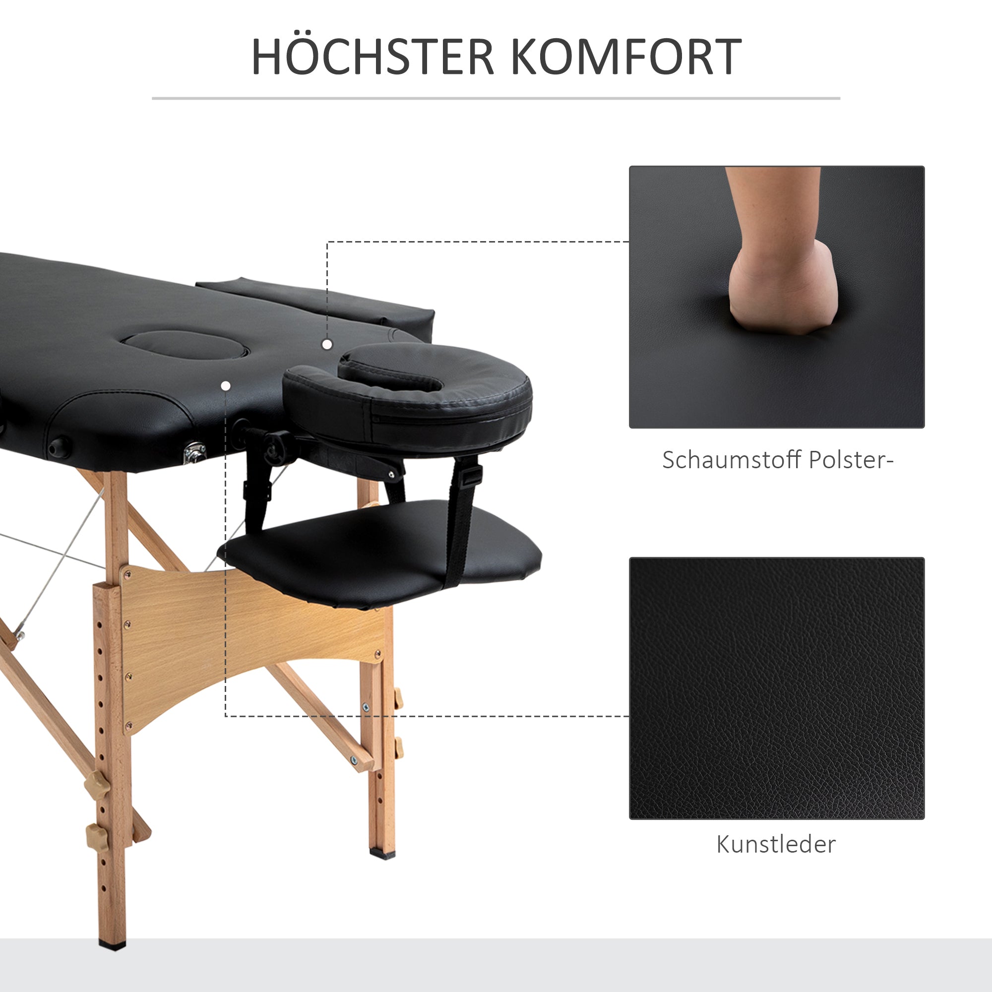Folding Portable Massage Table, Adjustable Headrest, Faux Leather & Wood, Black