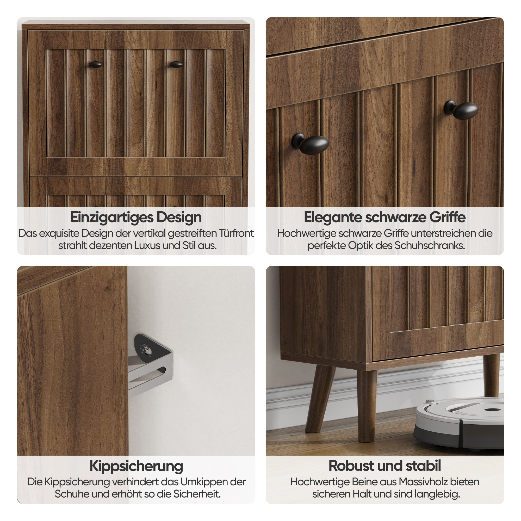 Shoe Storage Cabinet with Vertically Grooved Surface and Medieval Style, 60cm High, Walnut