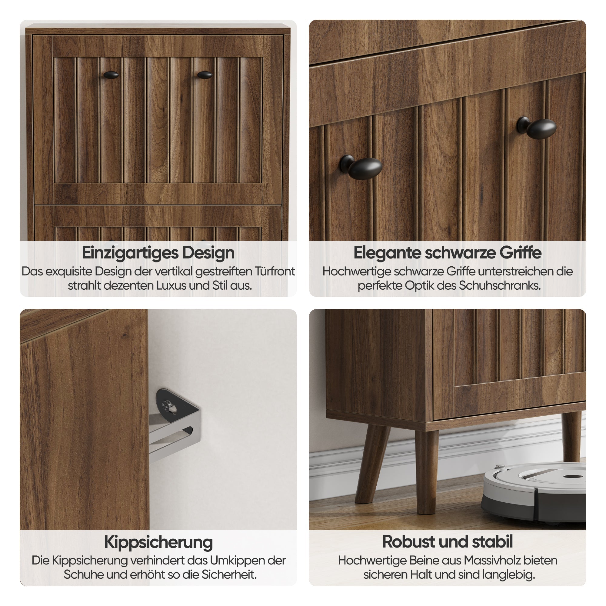 Shoe Storage Cabinet with Vertically Grooved Surface and Medieval Style, 60cm High, Walnut
