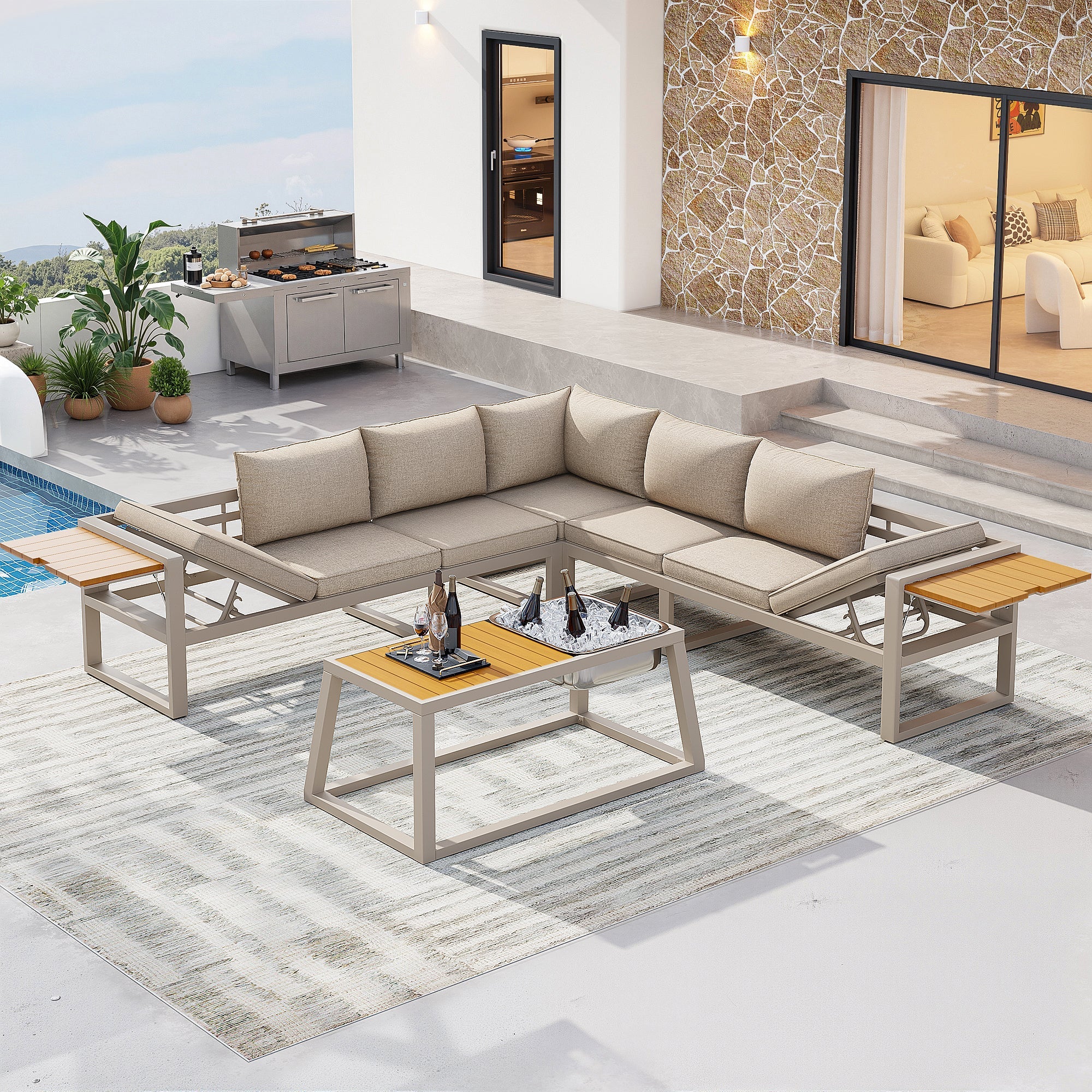 Modular Outdoor Sofa Set with Adjustable Backrest, Fold-out Armrests and Metal Ice Bucket, Grey/Beige
