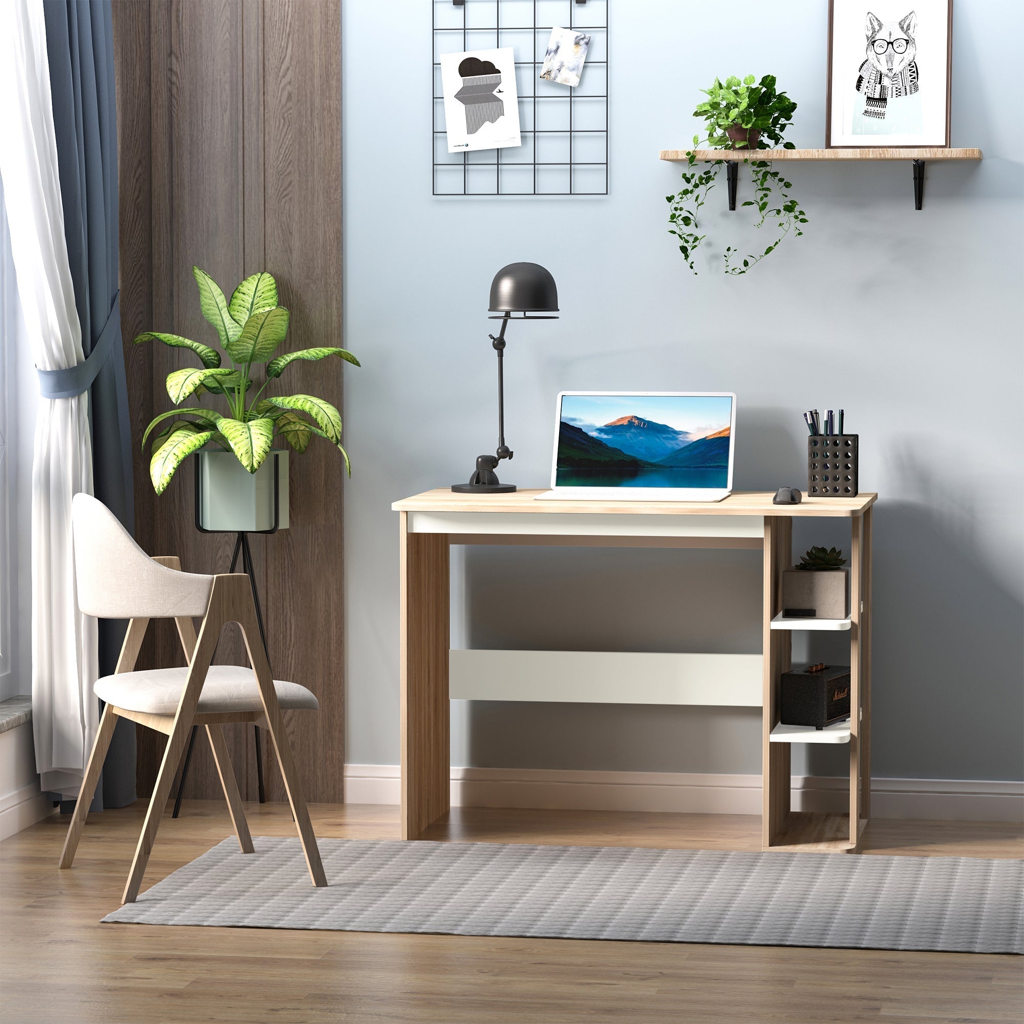 Computer Desk Writing Desk with 3-Tier Storage Shelf, Oak and White