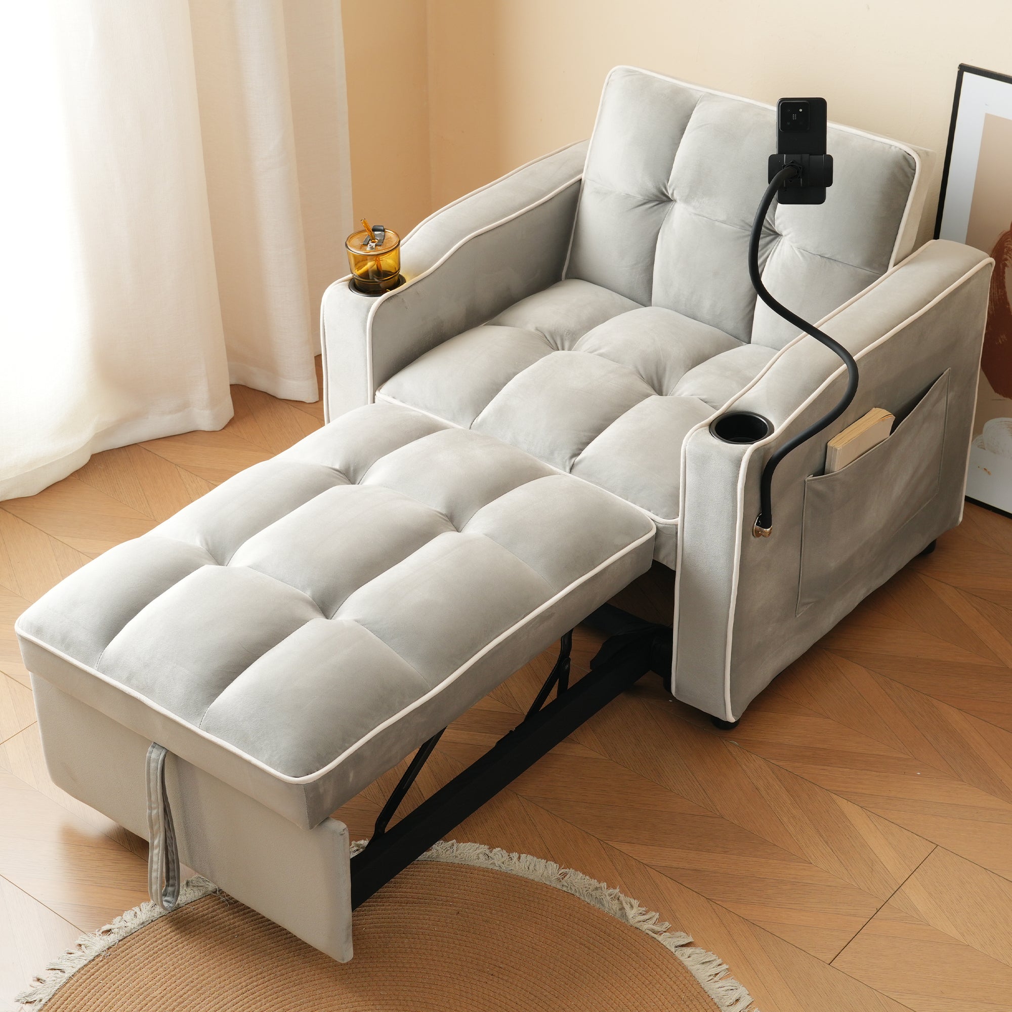3-in-1 Extendable Single Sleeper Sofa with Cup/Phone Holders, Perfect for Small Spaces