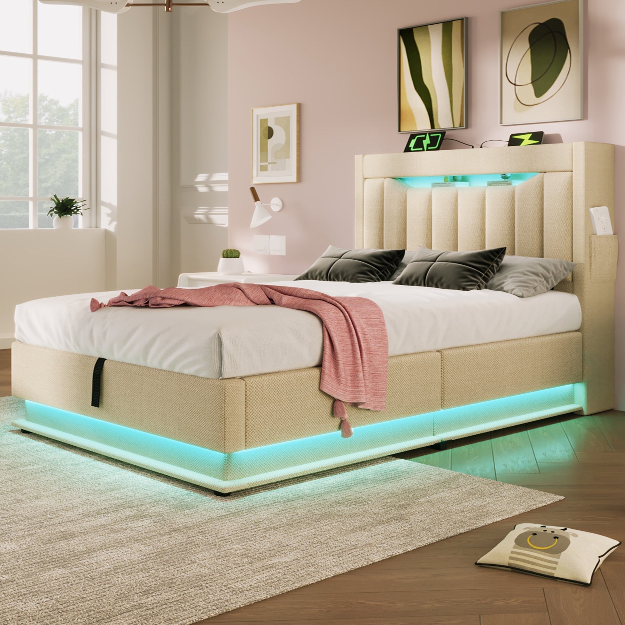 Upholstered Single Bed 90x200cm Storage Headboard LED Hydraulic, Beige Linen