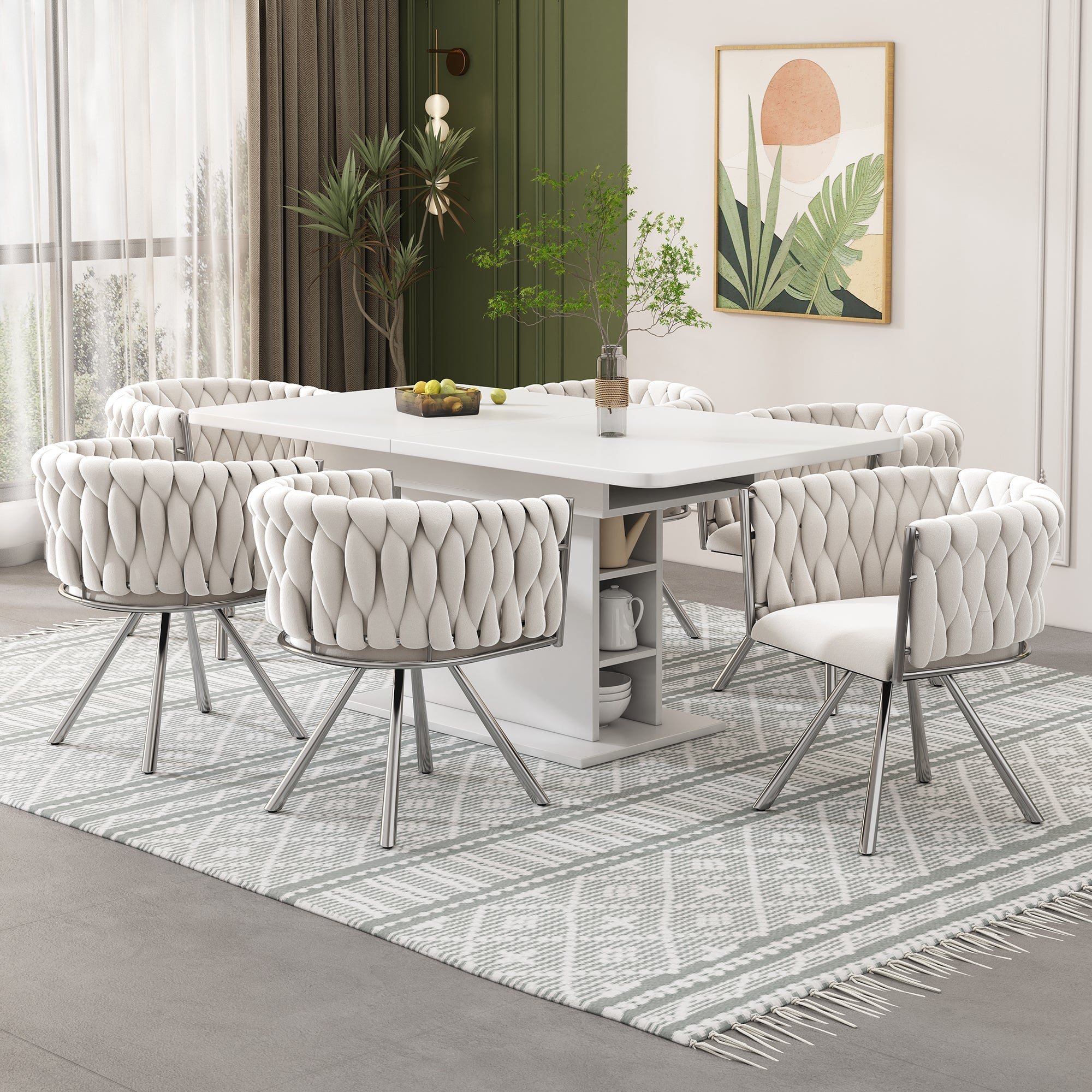 Velvet Dining Chair, Set of 4 Luxury Swivel Leisure Chairs with Metal Legs, Beige and Silver