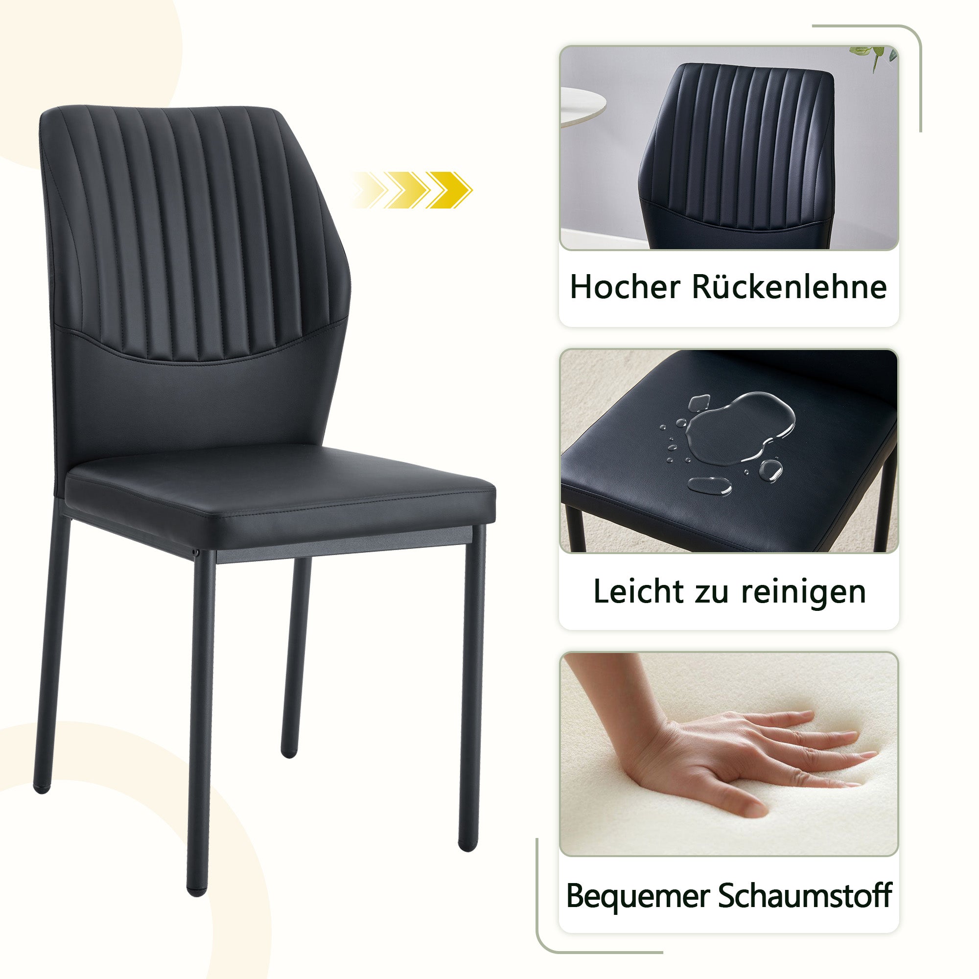 Set of 4 Dining Chairs with Vertical Embossing and Metal Legs, Black PU