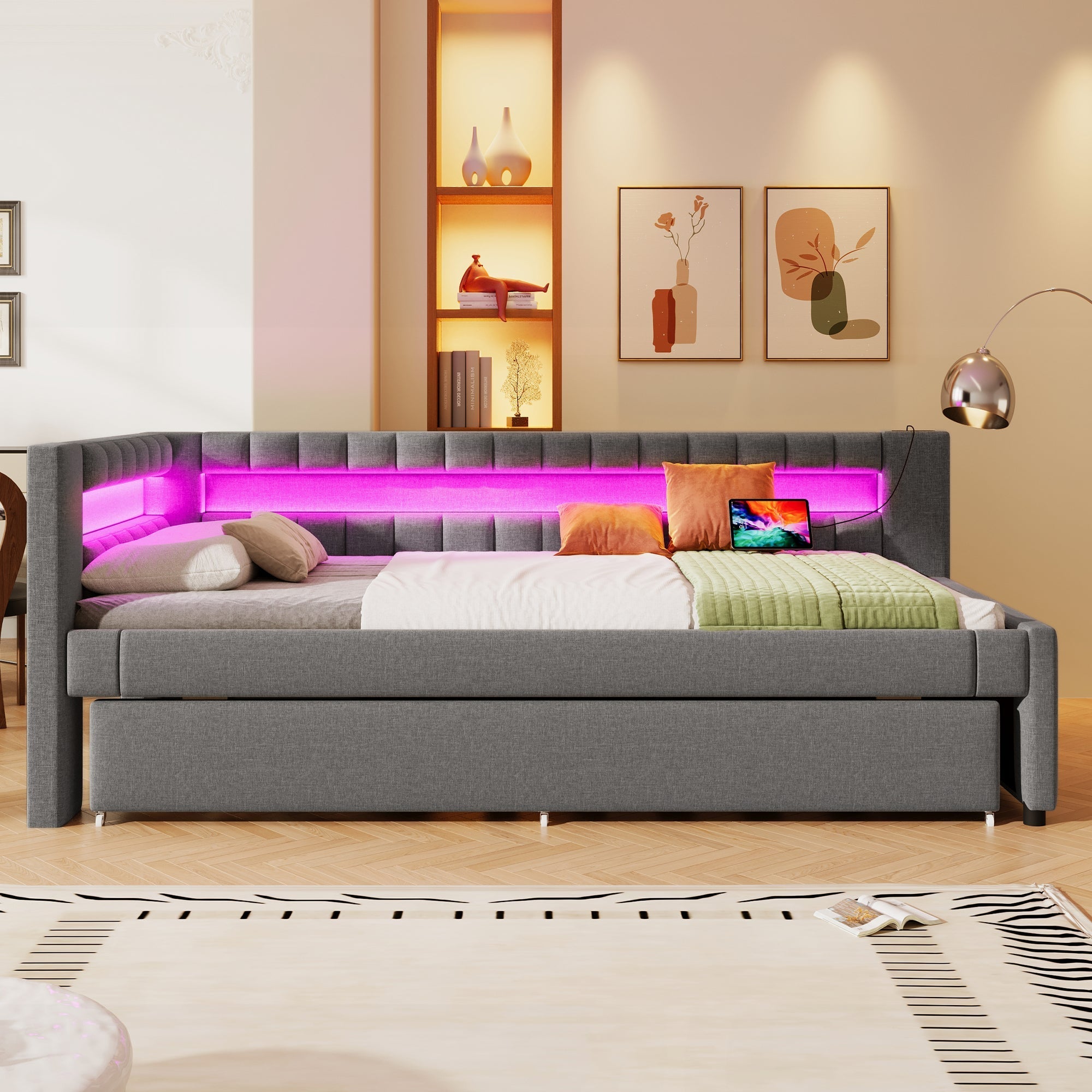 Daybed Sofa Bed 90x200cm Pull-out Bed LED Light USB/Type-C - Linen Grey