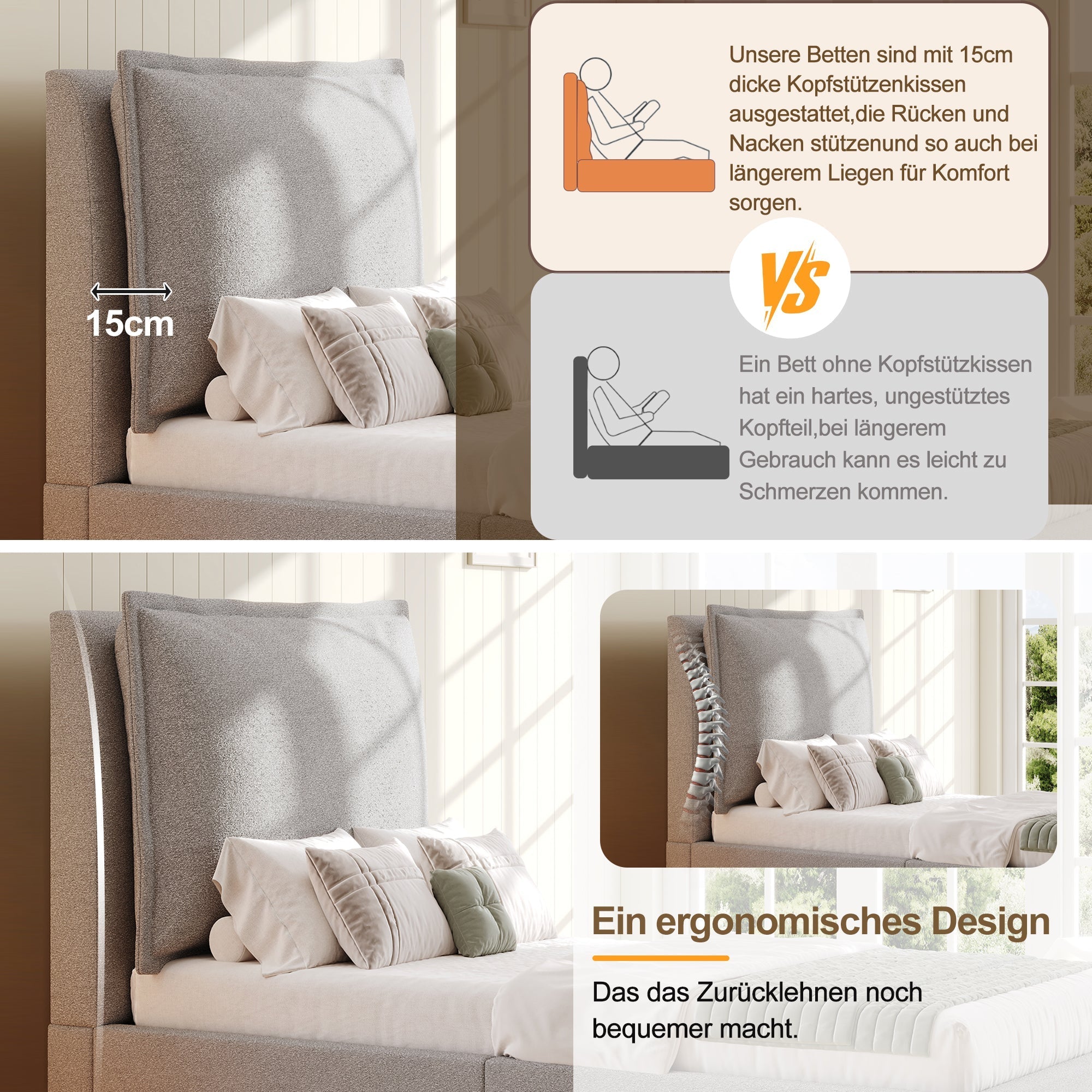 Upholstered Bed, Functional Storage Slatted Frame, Chenille Gray