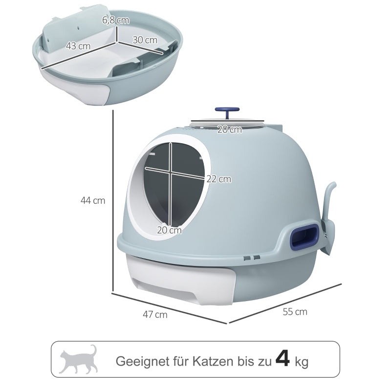 Cat Litter Box with Skylight, Bottom Tray & Scoop, Portable, Lake Blue PP ABS