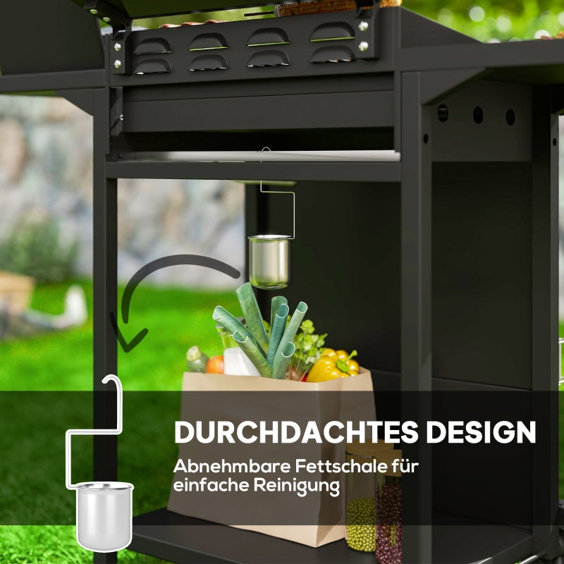 Gas Grill Cart 9.5 kW, 4 Burners, Side Burner, Thermometer, Side Shelves