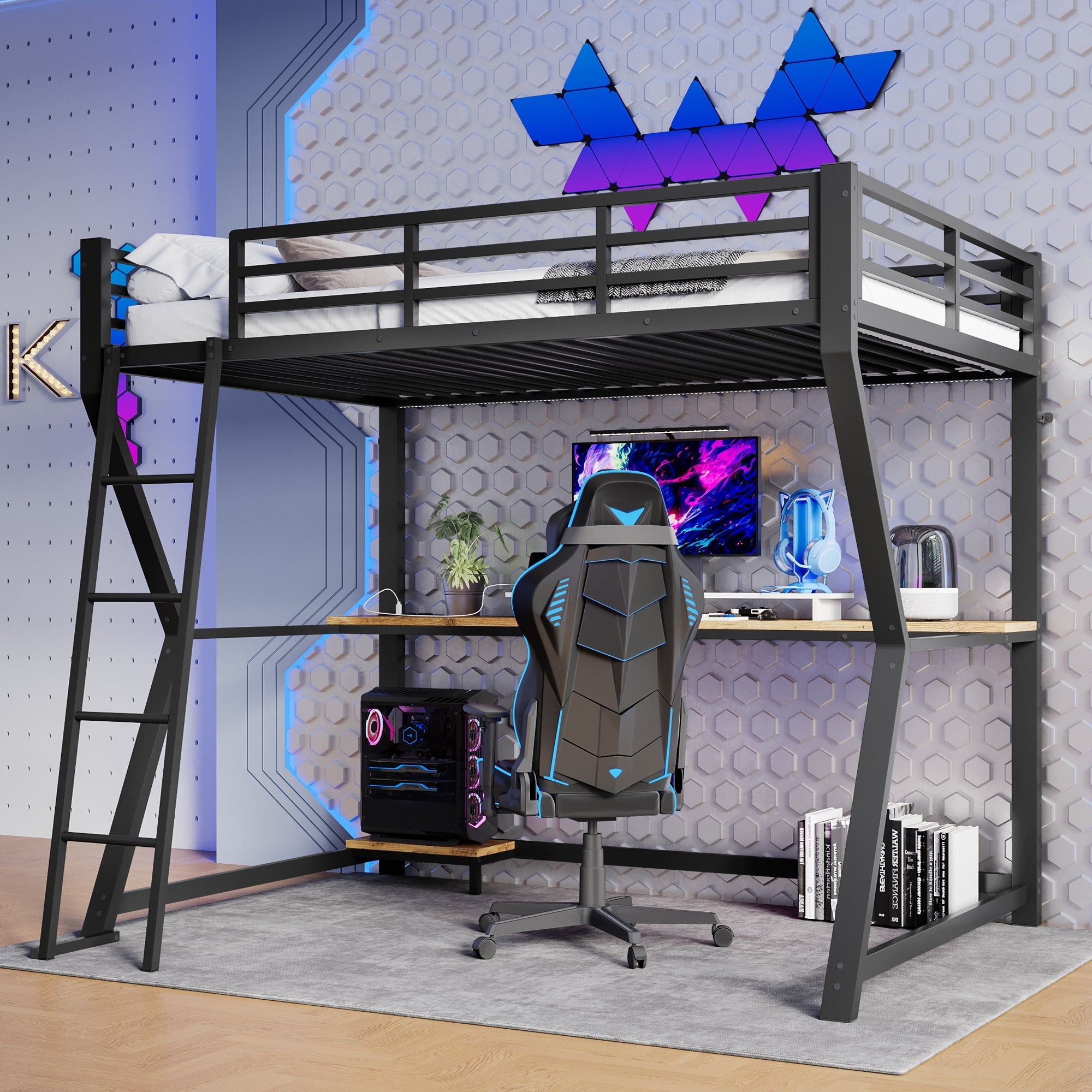 Loft Bed 90x200cm with Desk Storage Stairs LED Lights & USB Port Black