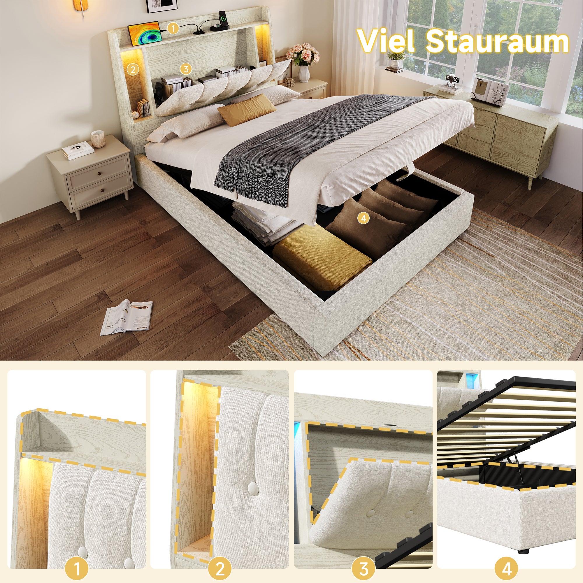 Upholstered Bed 90x200cm Storage LED USB/Type-C App Control - Linen Beige