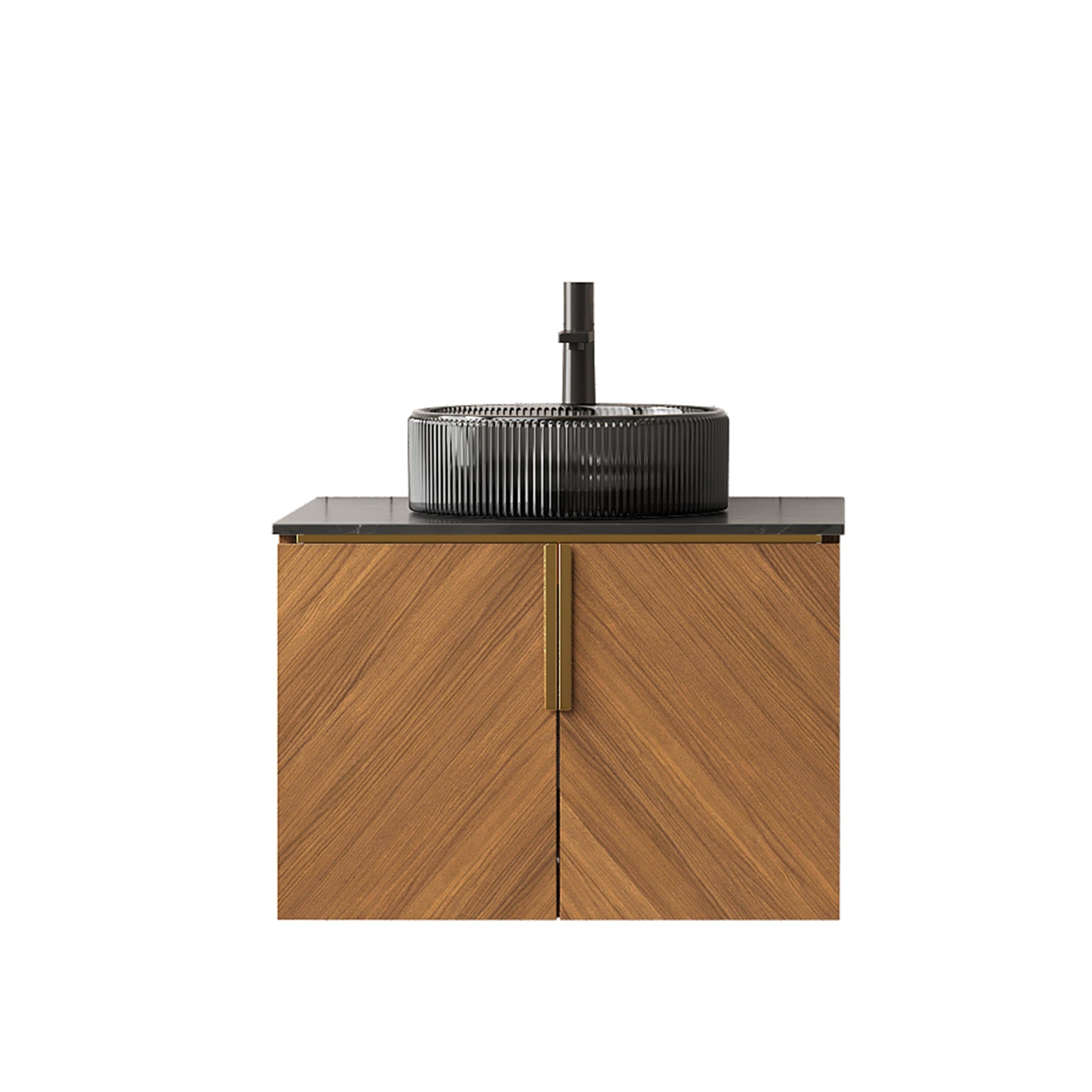 ARAI 61cm Wall Mount Bathroom Vanity with Black Round Glass Basin and 2 Doors, Espresso Wood Grain