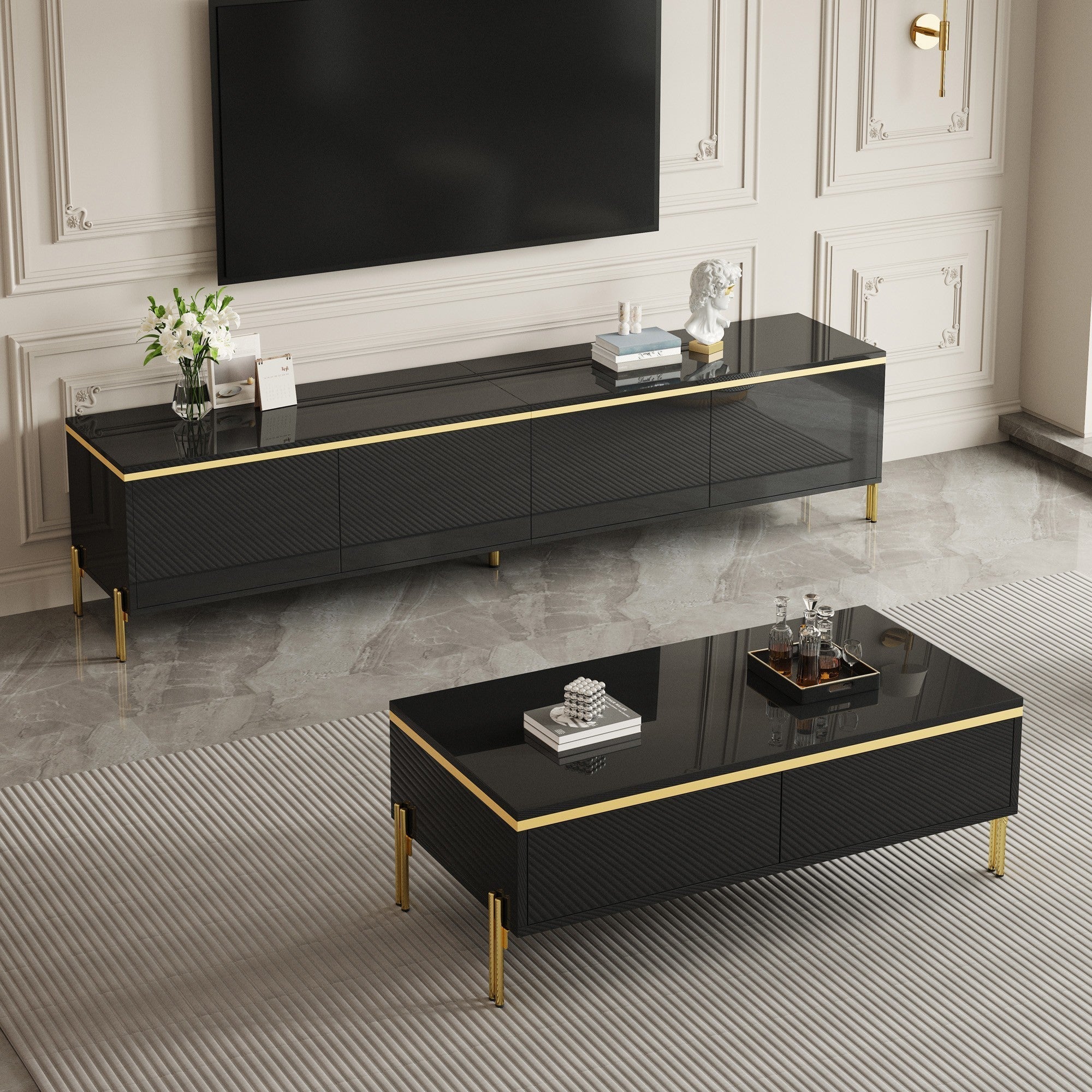 Modern Luxury TV Cabinet & Coffee Table Set - High-Gloss Gold Edges Storage