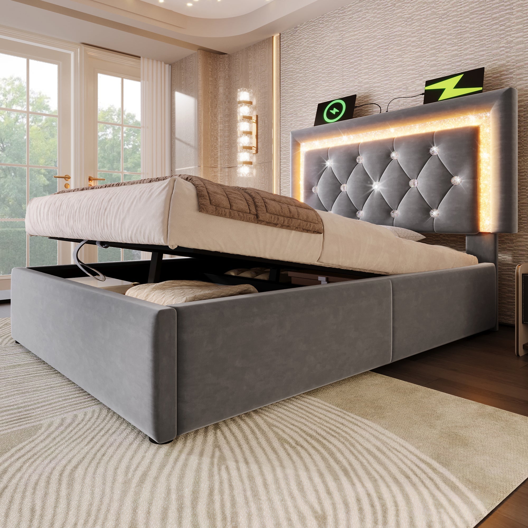 Upholstered Single Bed 90x200cm Hydraulic Storage LED USB/Type-C Charging - Velvet Grey