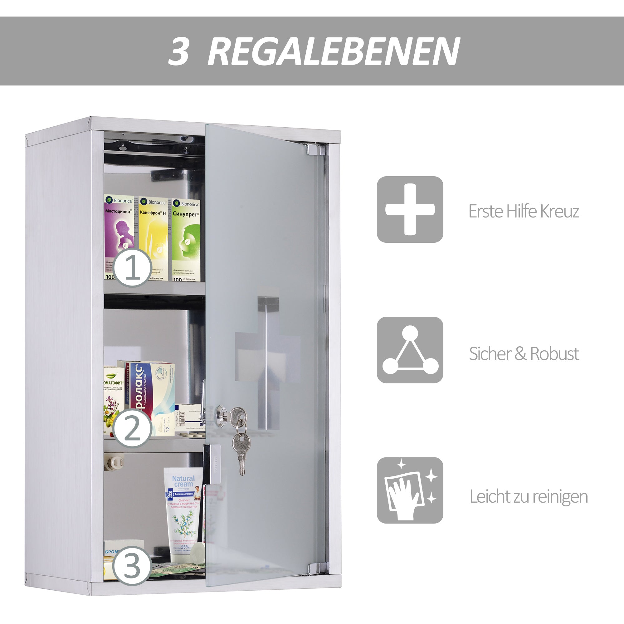 Medicine Cabinet First Aid, Lock, Stainless Steel