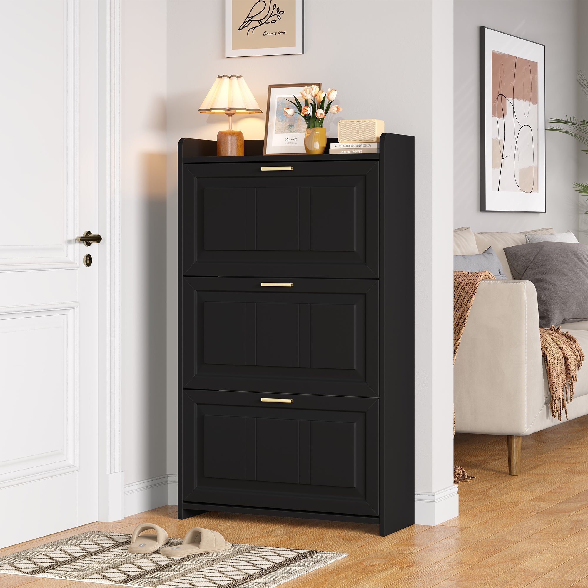 Shoe Cabinet 70x24x120cm 6 Compartments - Black