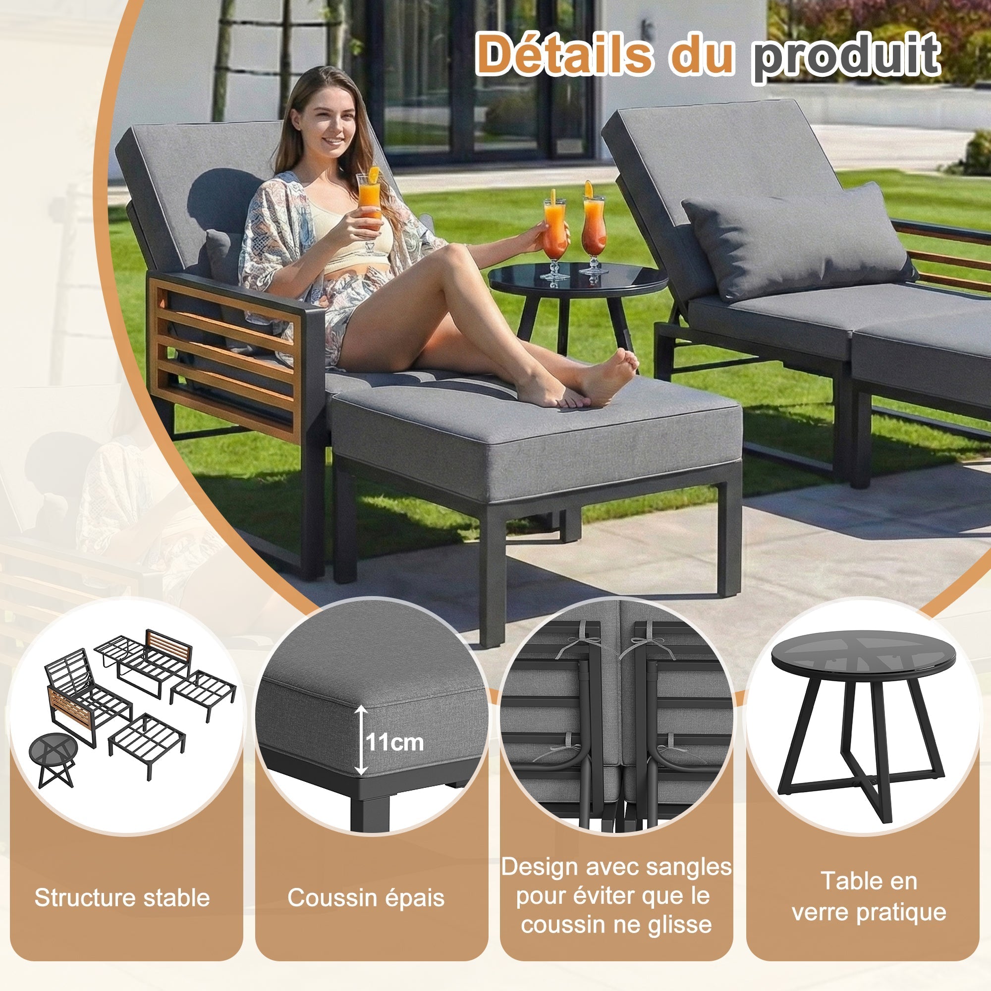 Garden Lounge Set for 2-4 People, Adjustable Outdoor Daybed and Sofa with Cushions, Grey Wood Look