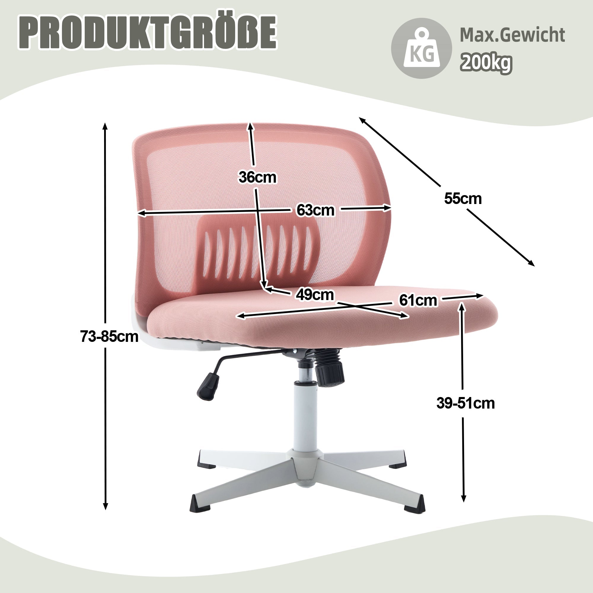 Armless Office Chair, Reading Chair, Rocking Function, Height Adjustable, 360° Rotatable