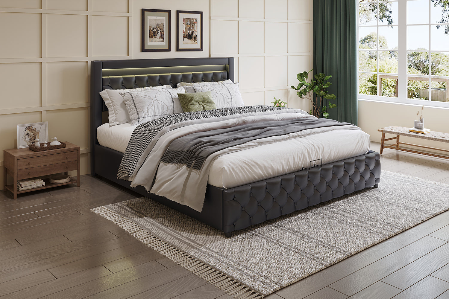 Upholstered Bed 180x200cm, Double Storage Bed with Drawers and LED Light Strip, Black PU