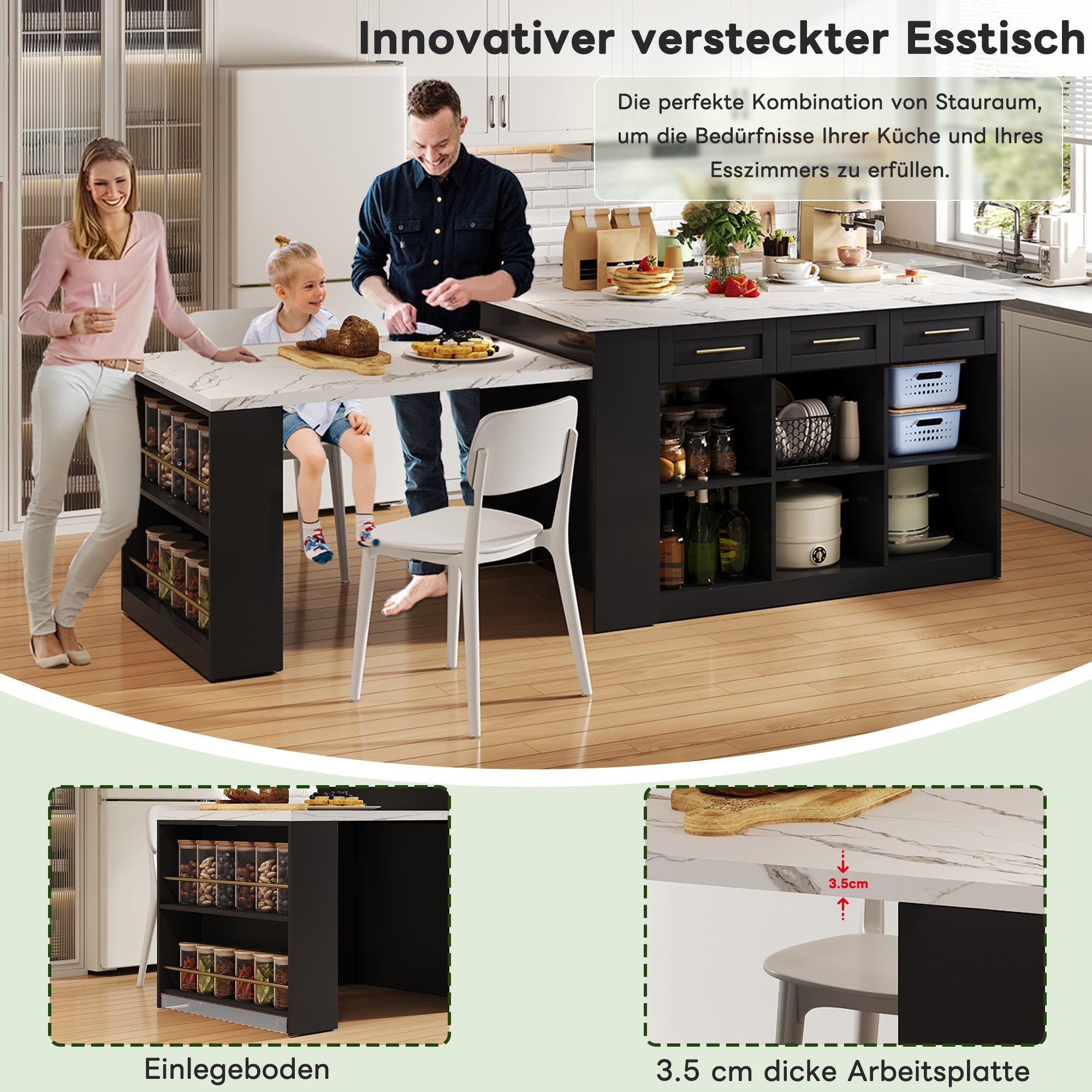 Multifunctional Kitchen Island Extendable Dining Table Storage 150cm+96cm White Marbled Wooden/Black