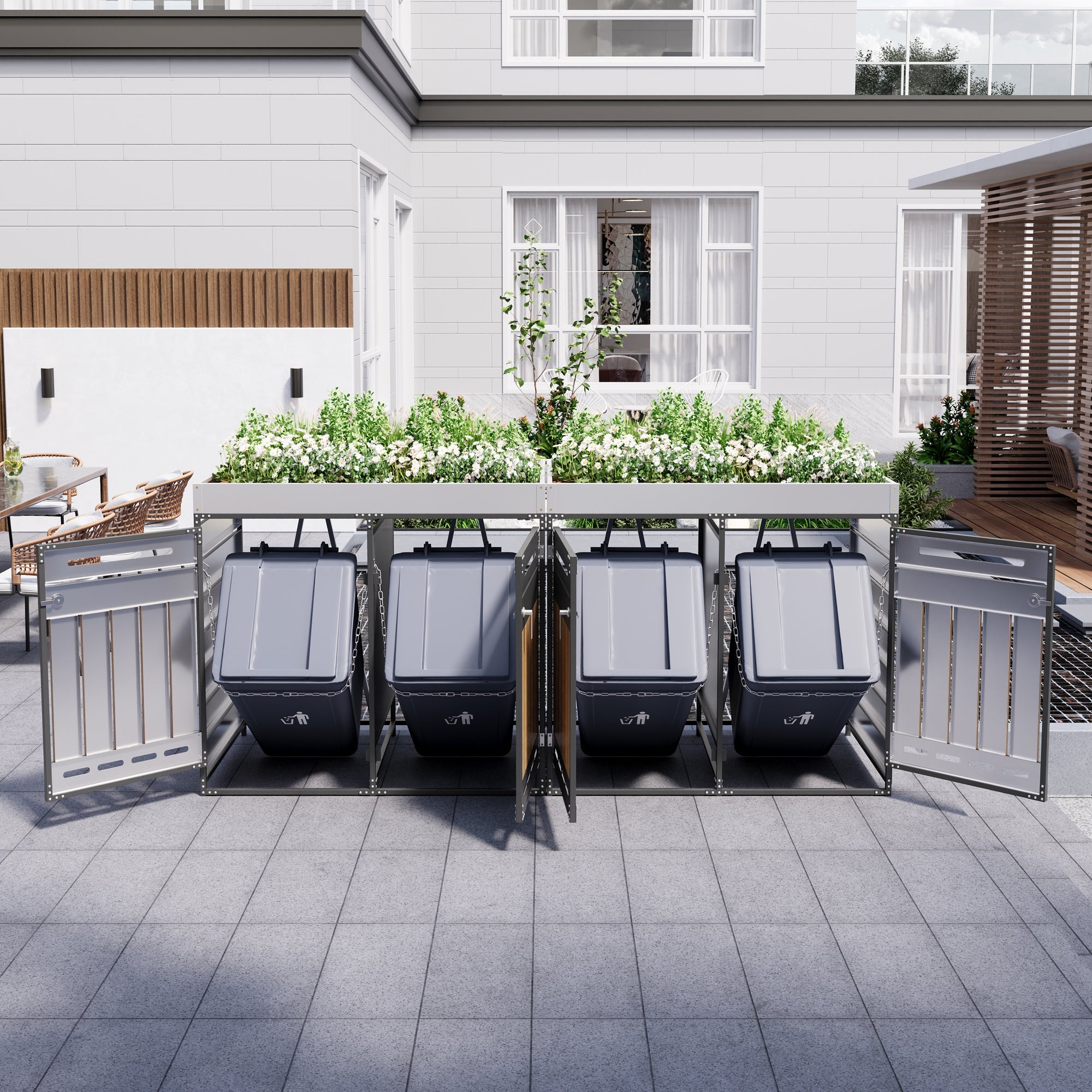 Set of 4 Bin Storage Units with Planter Boxes and Locking Garden Cabinet, Iron with Vertical Wood Grain Panels