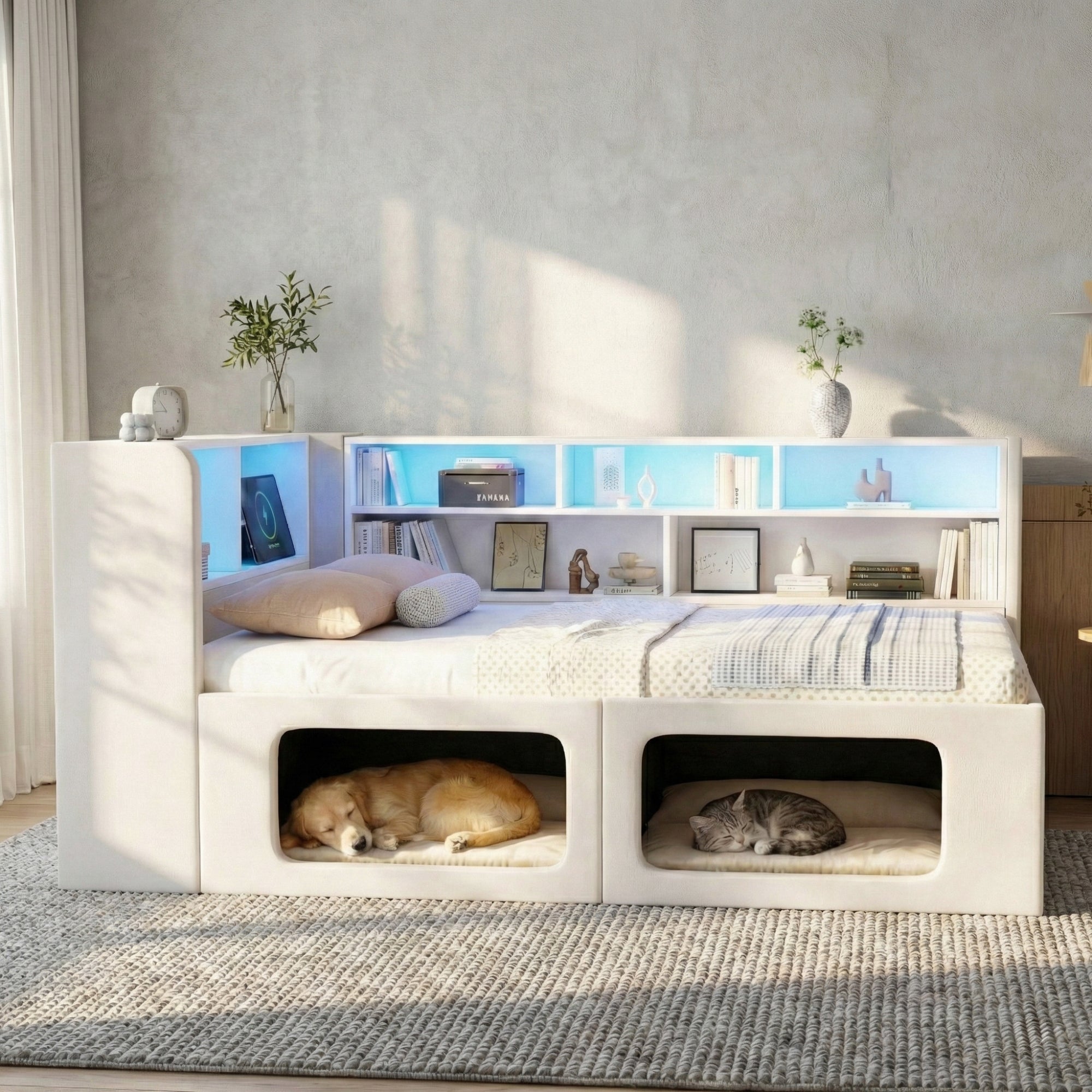Daybed with Integrated Pet House, LED, USB and Storage, 90x200cm, Beige Velvet