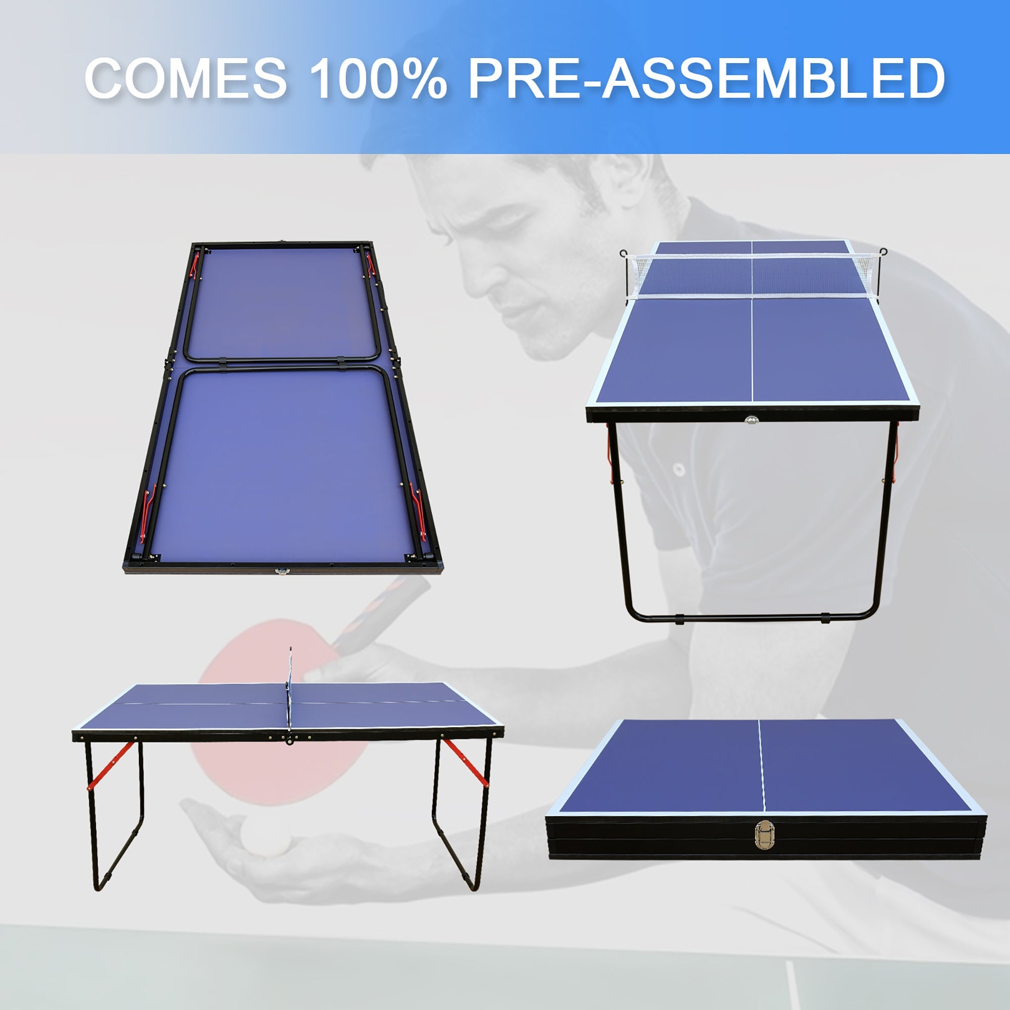 Ping Pong Table with Net & Paddles Set, Foldable Outdoor/Indoor, Blue