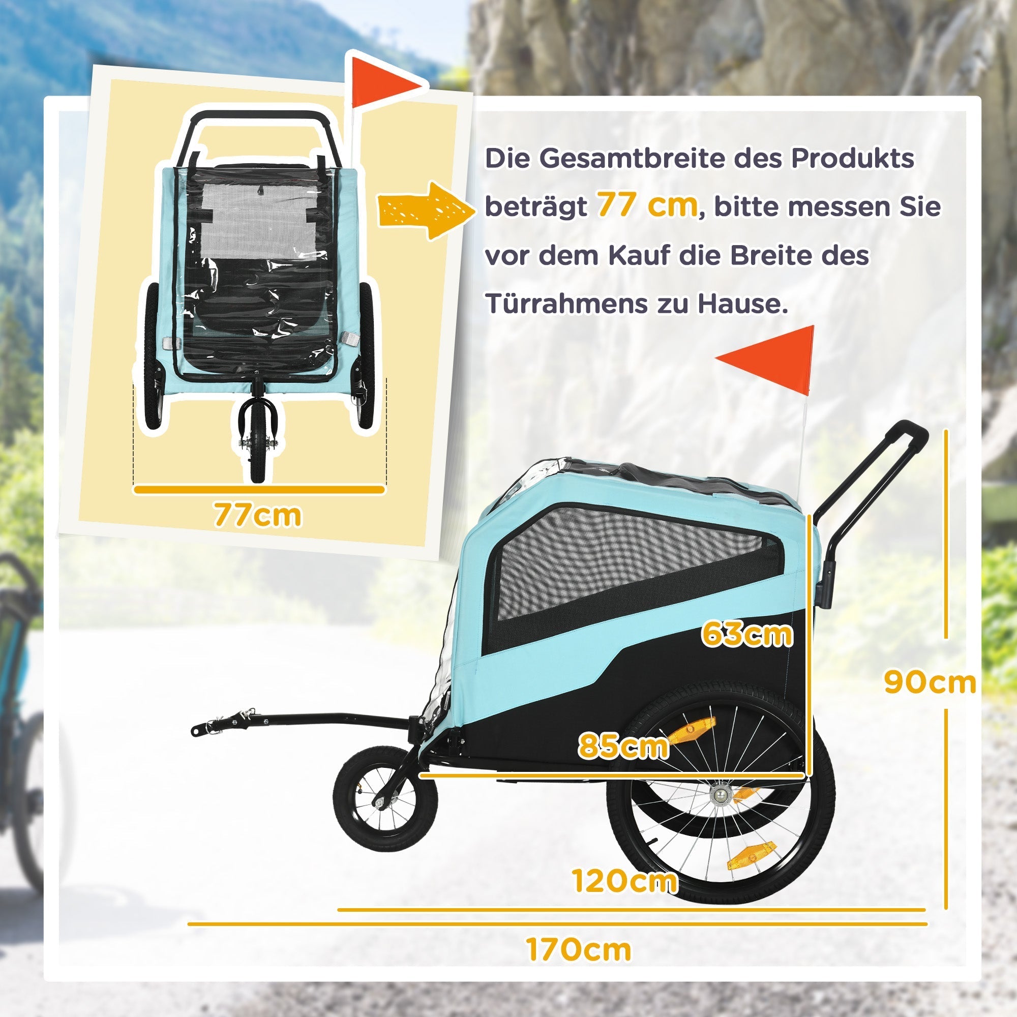 2-in-1 Dog Trailer & Stroller, Bicycle Attachment, max. 30 kg, Oxford Fabric, Blue