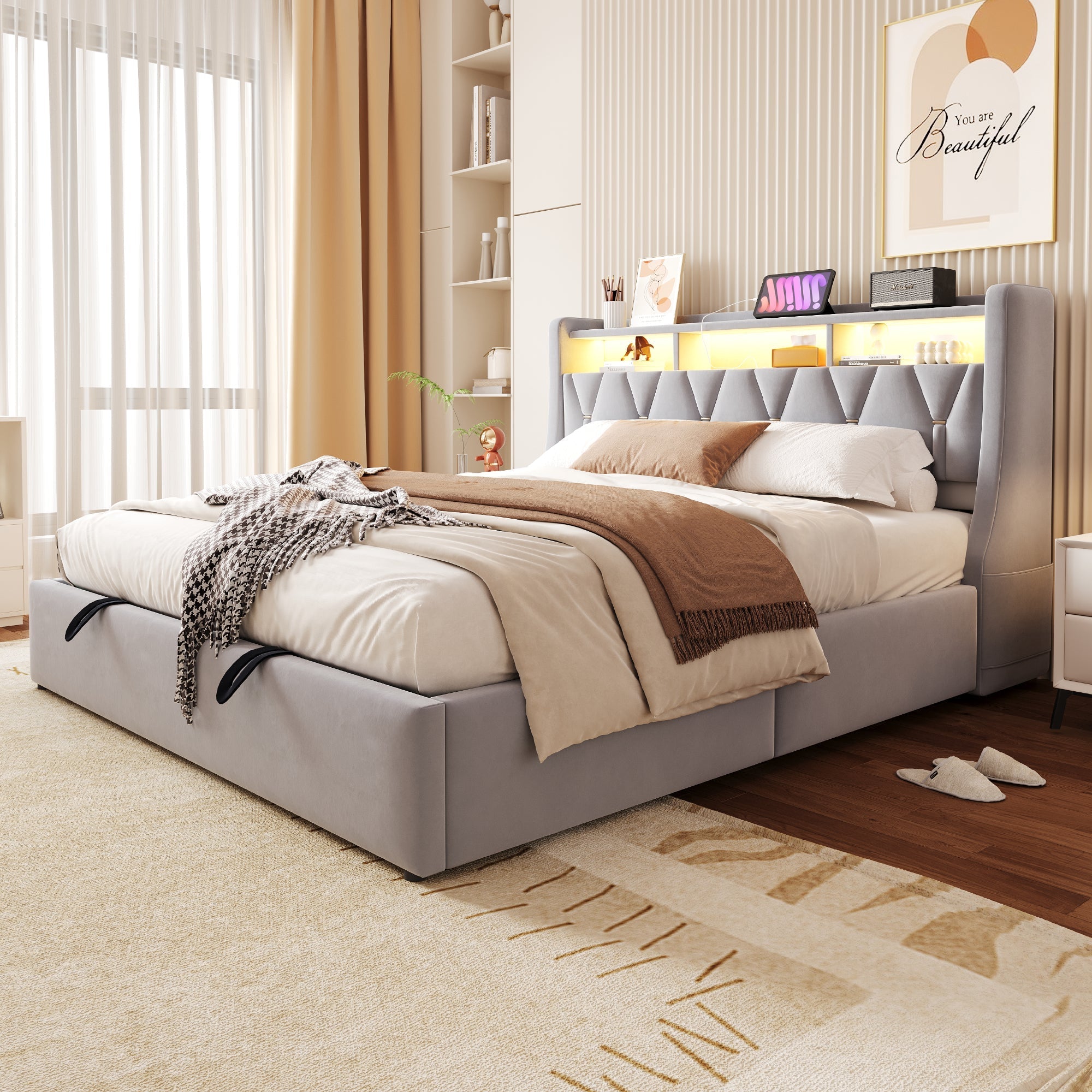 Upholstered Bed 180x200cm Hydraulic Storage Headboard with Power Outlet LED Light Grey Velvet