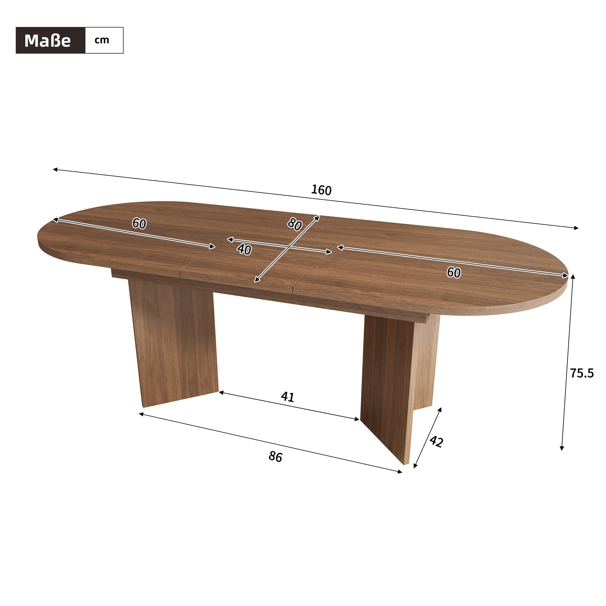 Extendable Dining Table, 120/160 x 80 cm for 4-6 People with Rounded Corners, Walnut