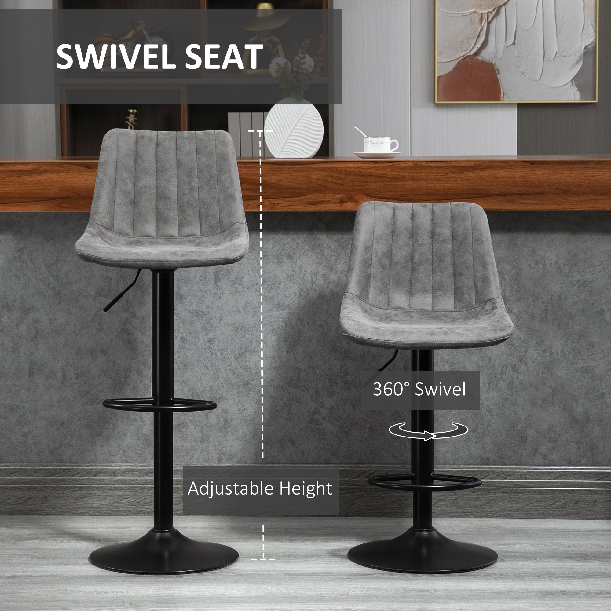 Modern Bar Stools Set of 2, Height Adjustable Swivel with Backrest, Gas Lift, Footrest, Microfibre, Grey