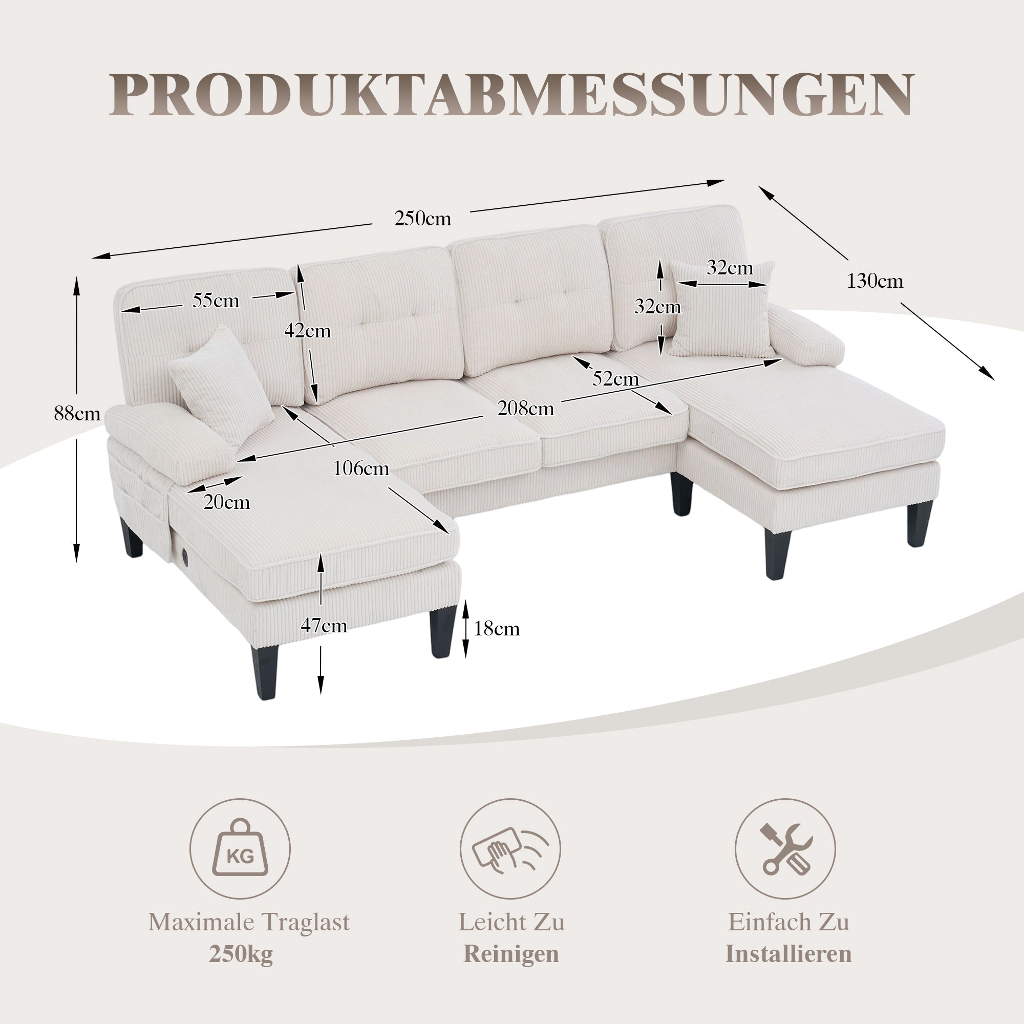 Modern 4-Seater U-Shaped Sofa with Double Chaise Lounge and Corduroy Upholstery, Beige