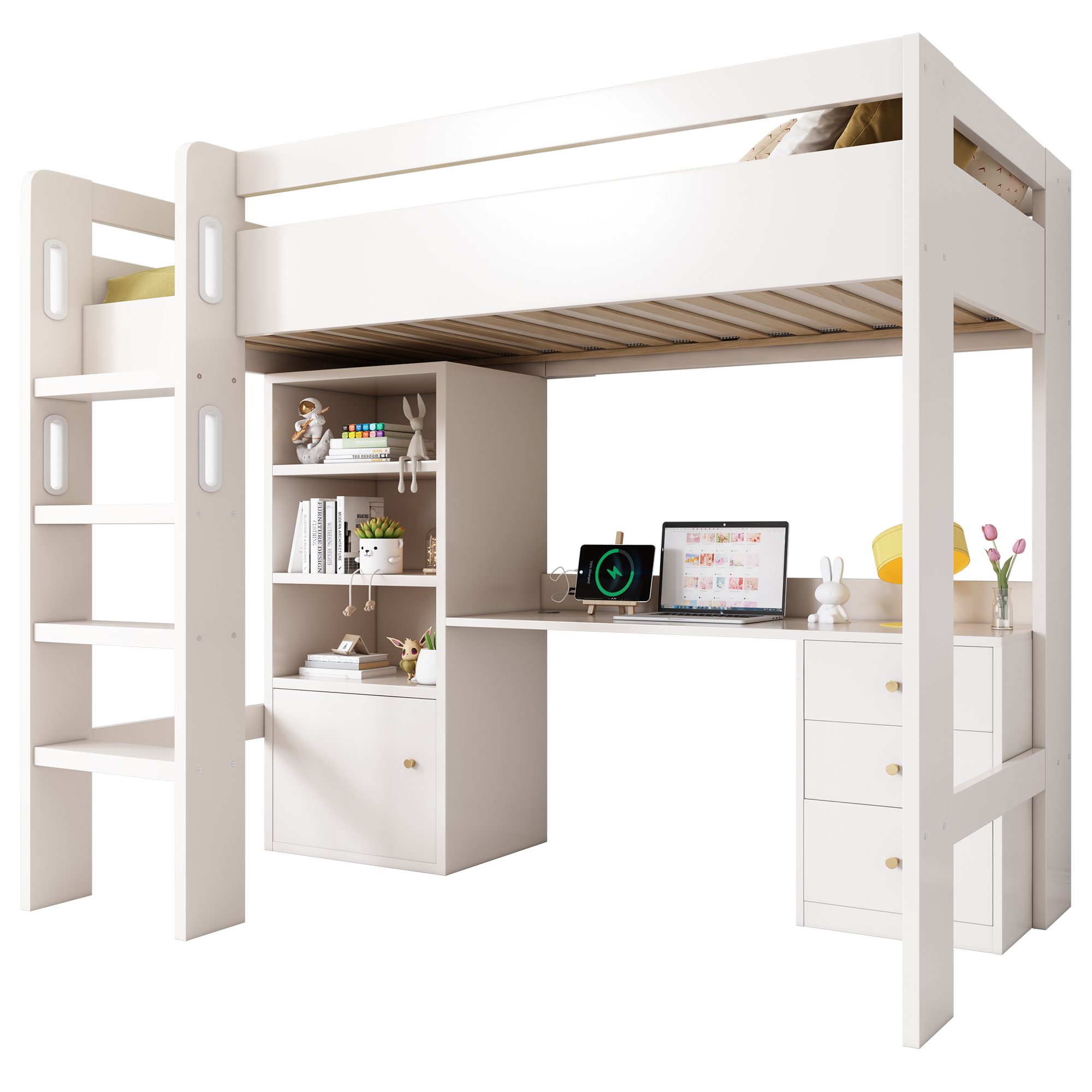Kids' High Sleeper Bunk Bed with USB-C Desk, Bookshelf, Stairs, & Storage, White