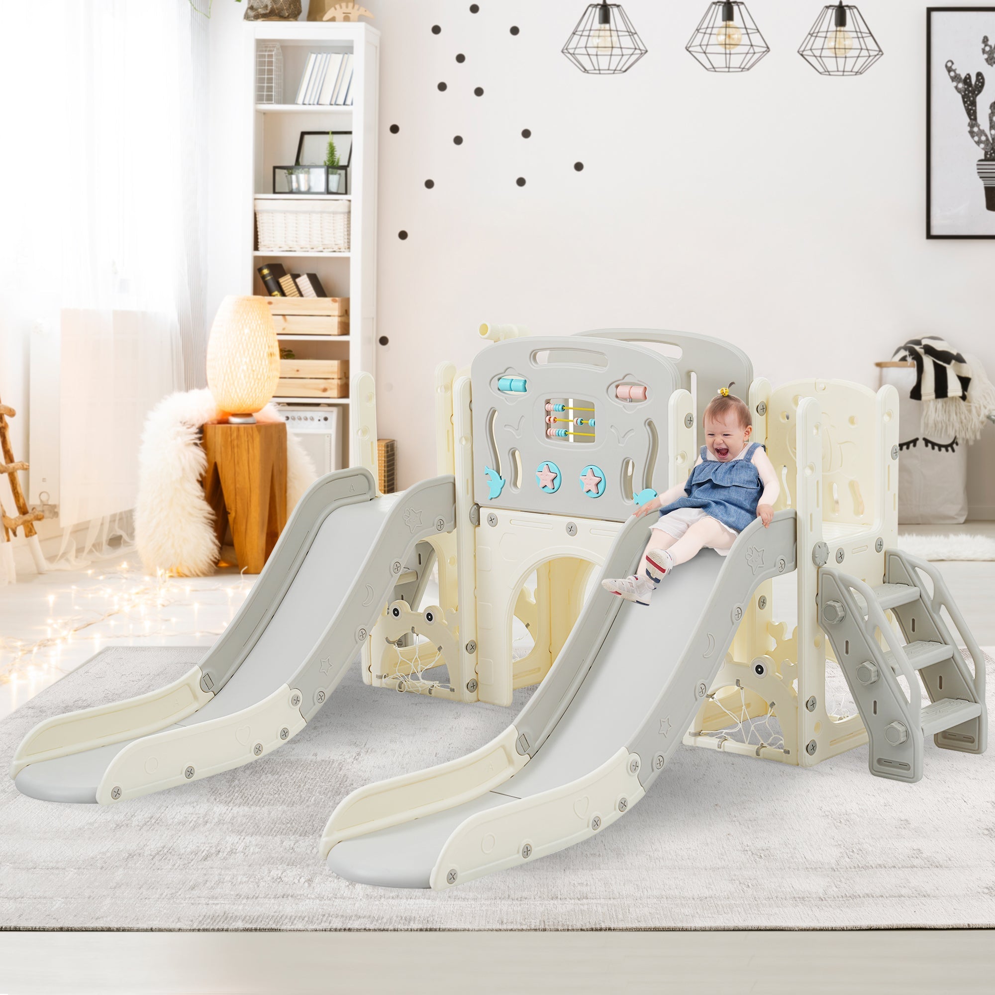 8-in-1 Children's Playground Set, Slide, Tunnel, Basketball Hoop, Telescope, Climbing Frame, Freestanding